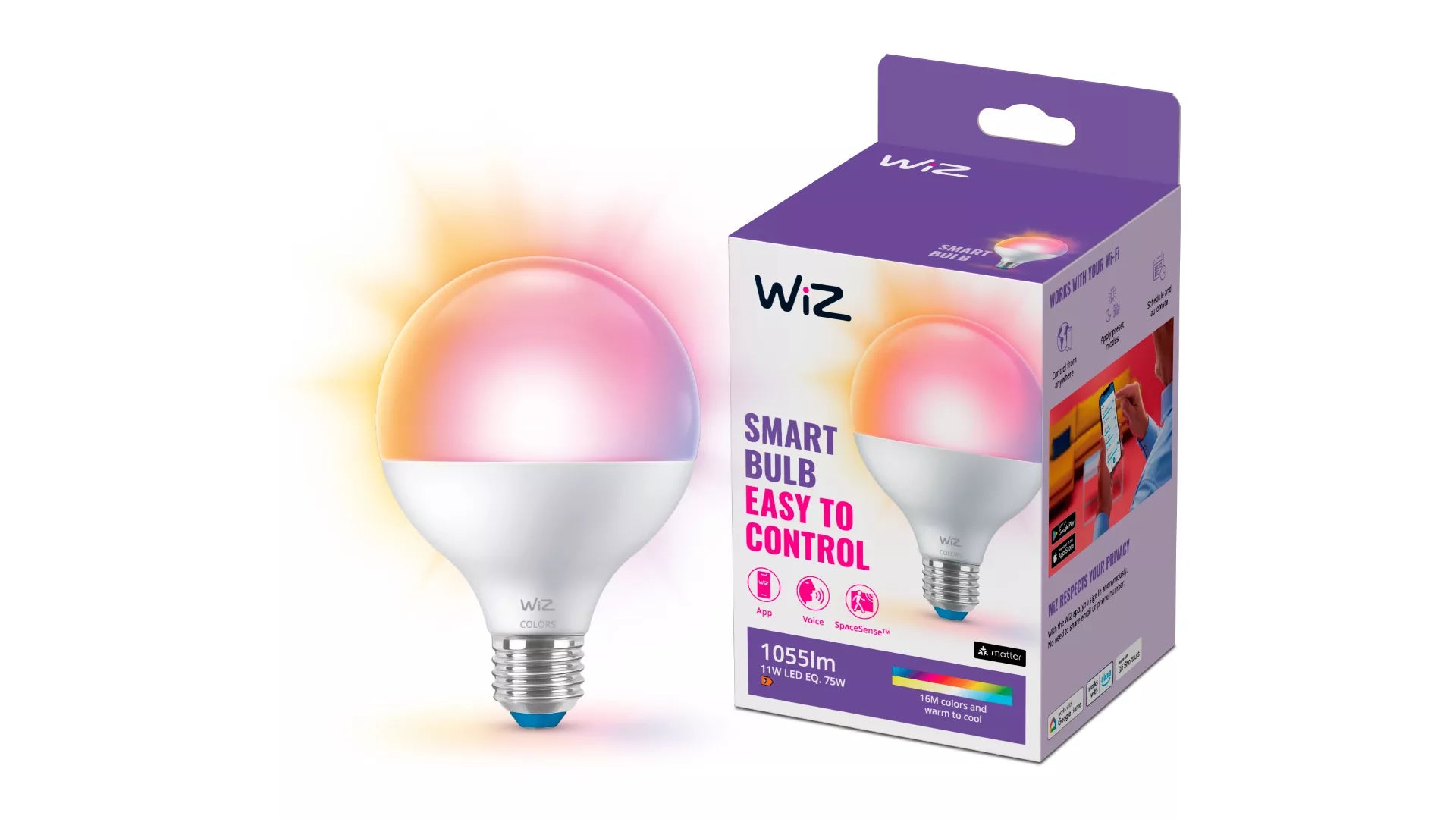 WiZ Smart-Leuchtmittel E27 G95 – RGB+CCT 2200–6500 K, 1055 lm, WLAN/Bluetooth – für Amazon Alexa – IP20