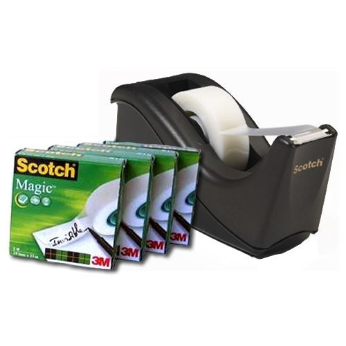 Scotch Tischabroller C60 – für Klebeband bis 19 mm × 33 m, inkl. 4 Rollen Magic 19 mm × 33 m, schwarz