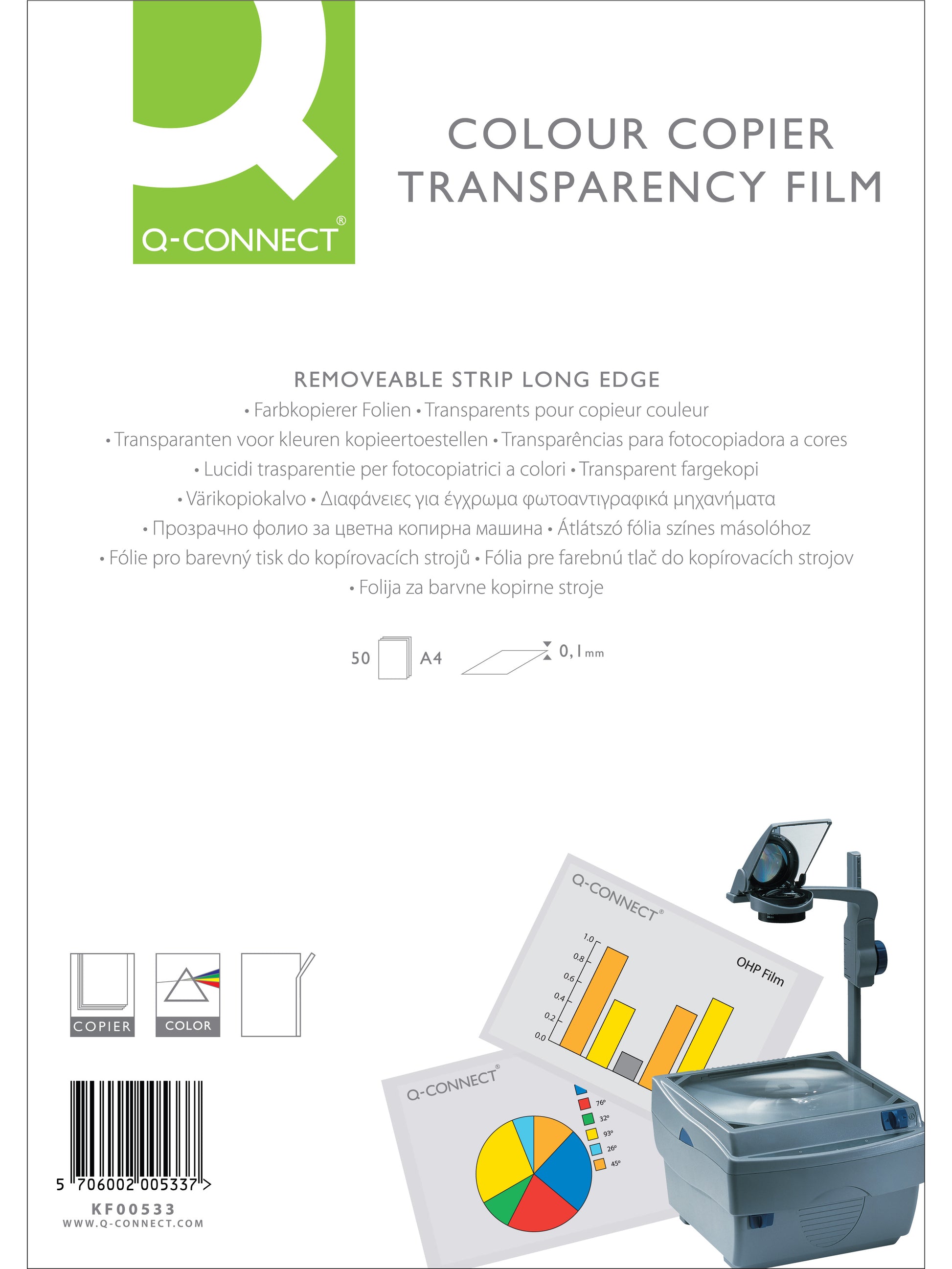 Q-CONNECT Transparentfolie – für s/w-Kopierer und Farblaserkopierer, A4 (210×297 mm), 50 Blatt