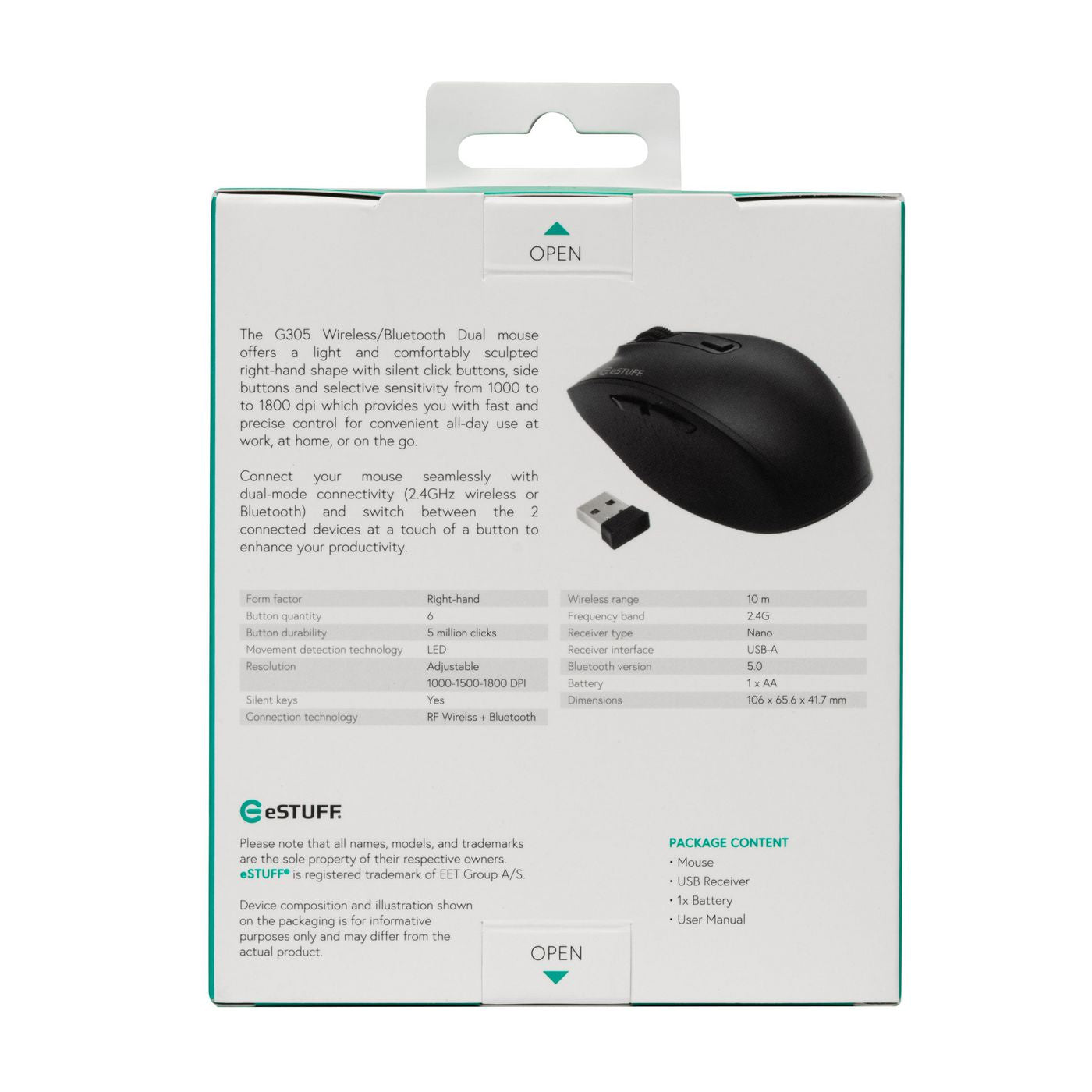 eSTUFF G305 – Maus – Kabellos (Bluetooth/2,4 GHz), 1800 DPI, Rechts, Schwarz