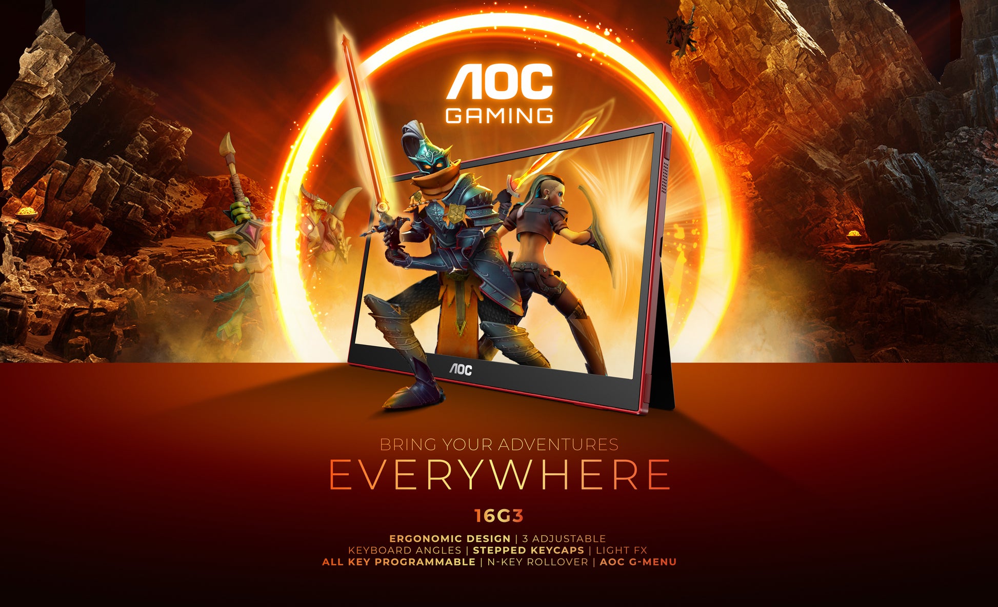 AOC 16G3 – Tragbarer Monitor, 15,6", IPS, 144 Hz, 250 cd/m², USB-C, FreeSync, VESA 50 × 50, Rot