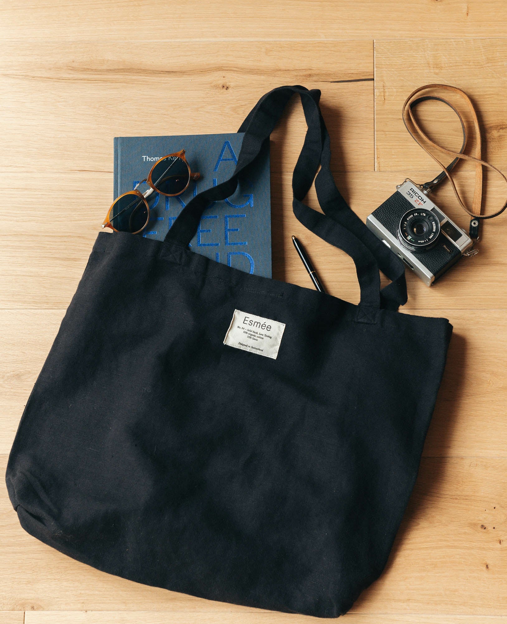 Esmée Stofftasche, Baumwolle/Leinen, Schwarz, 470×400×50 mm, Lange Henkel