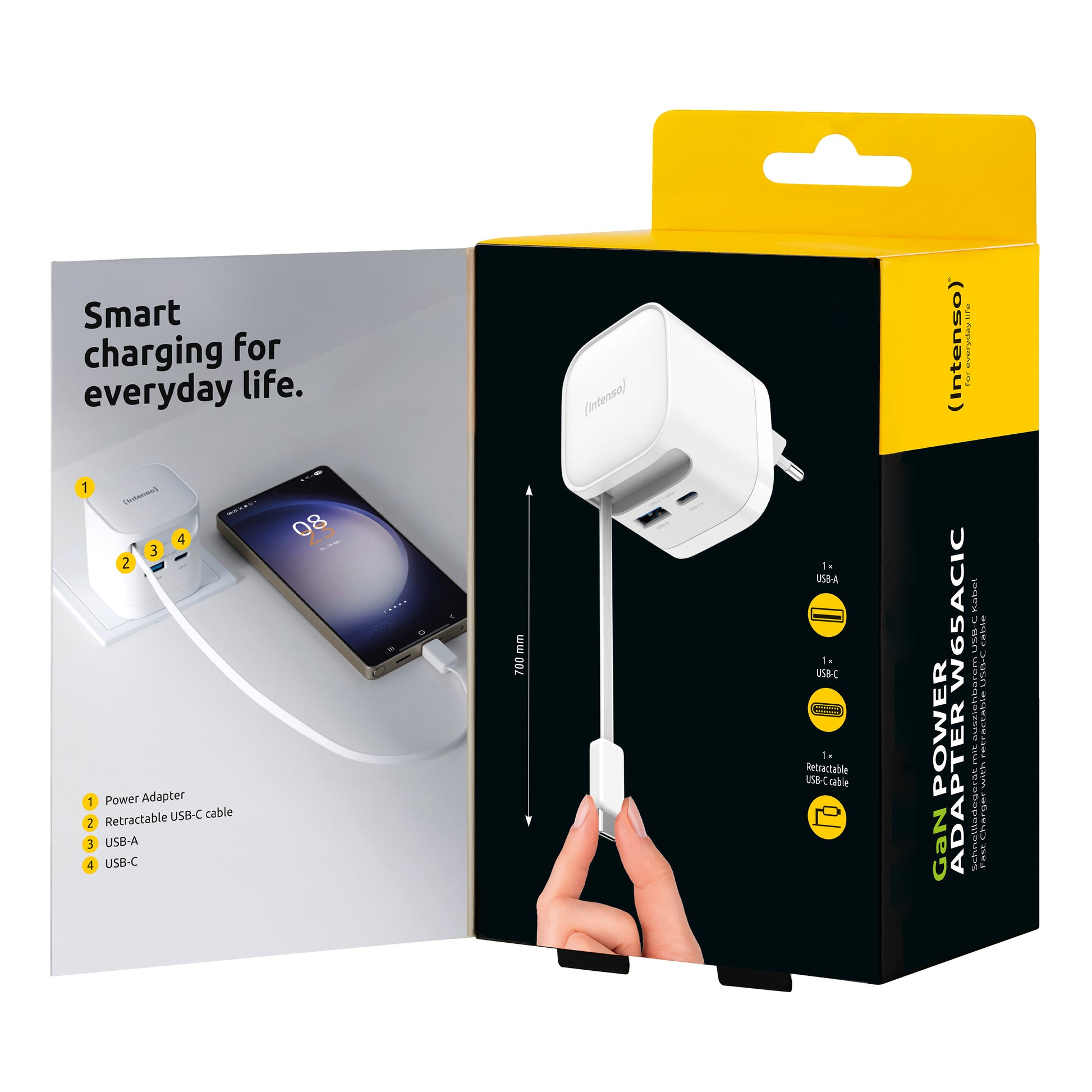 Intenso W65ACIC USB-Ladegerät 65 W – USB-C×2, USB-A×1 – PD 3.0, PPS, QC 4.0, GaN, EU-Stecker (Typ C)