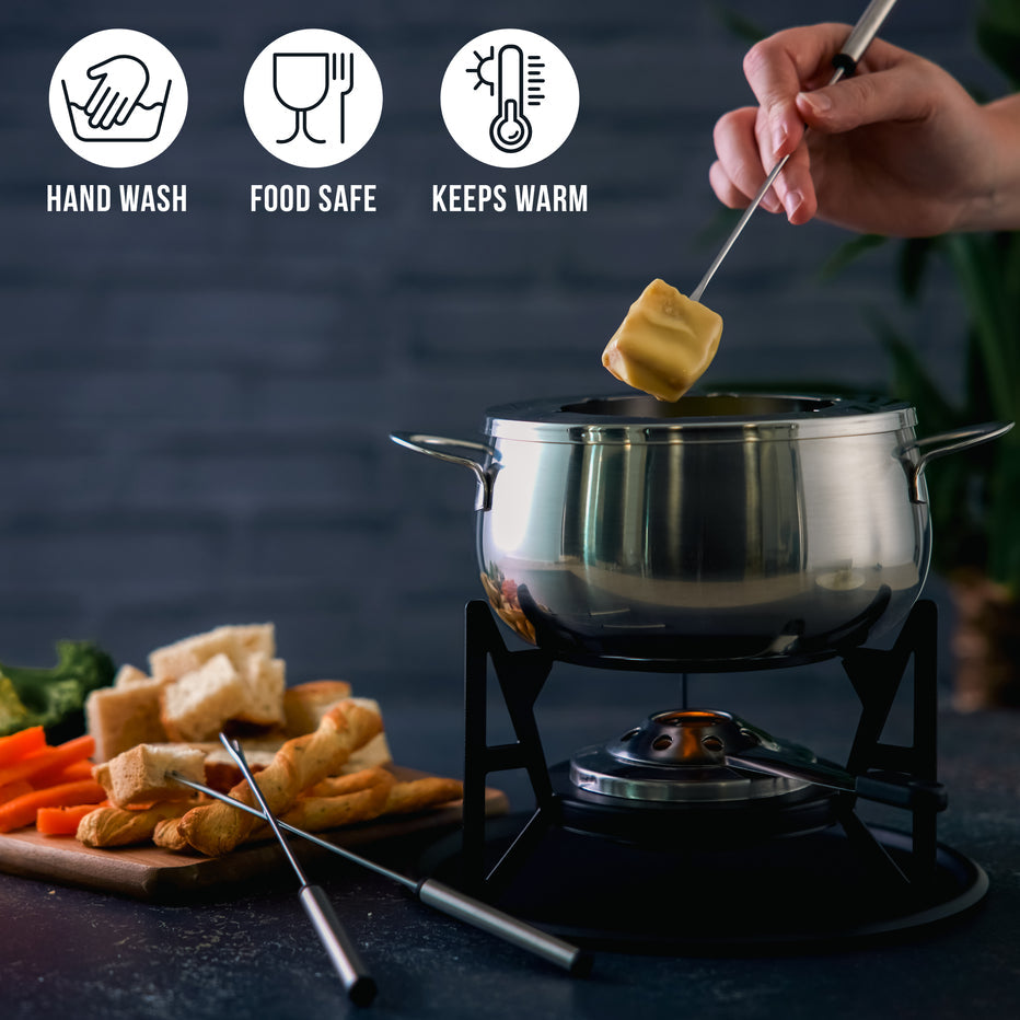 Oak & Steel Fondue-Set – Ø 16 cm, 6 Personen, 11 Teile, Edelstahl, für Käsefondue