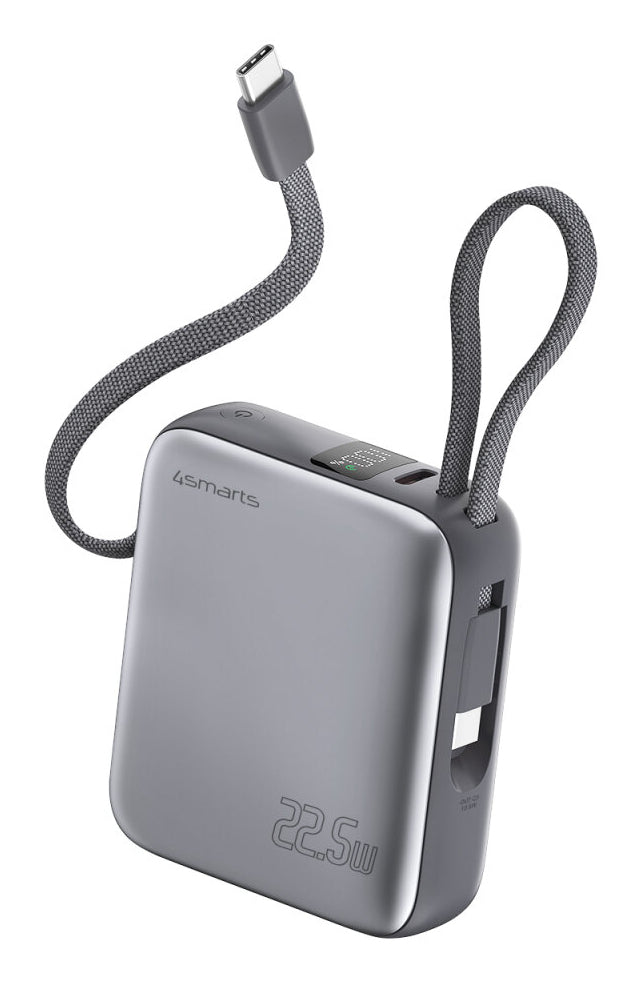4smarts Powerbank 10000 mAh, PD 22,5 W, mit integriertem Ladekabel, für Smartphones, grau