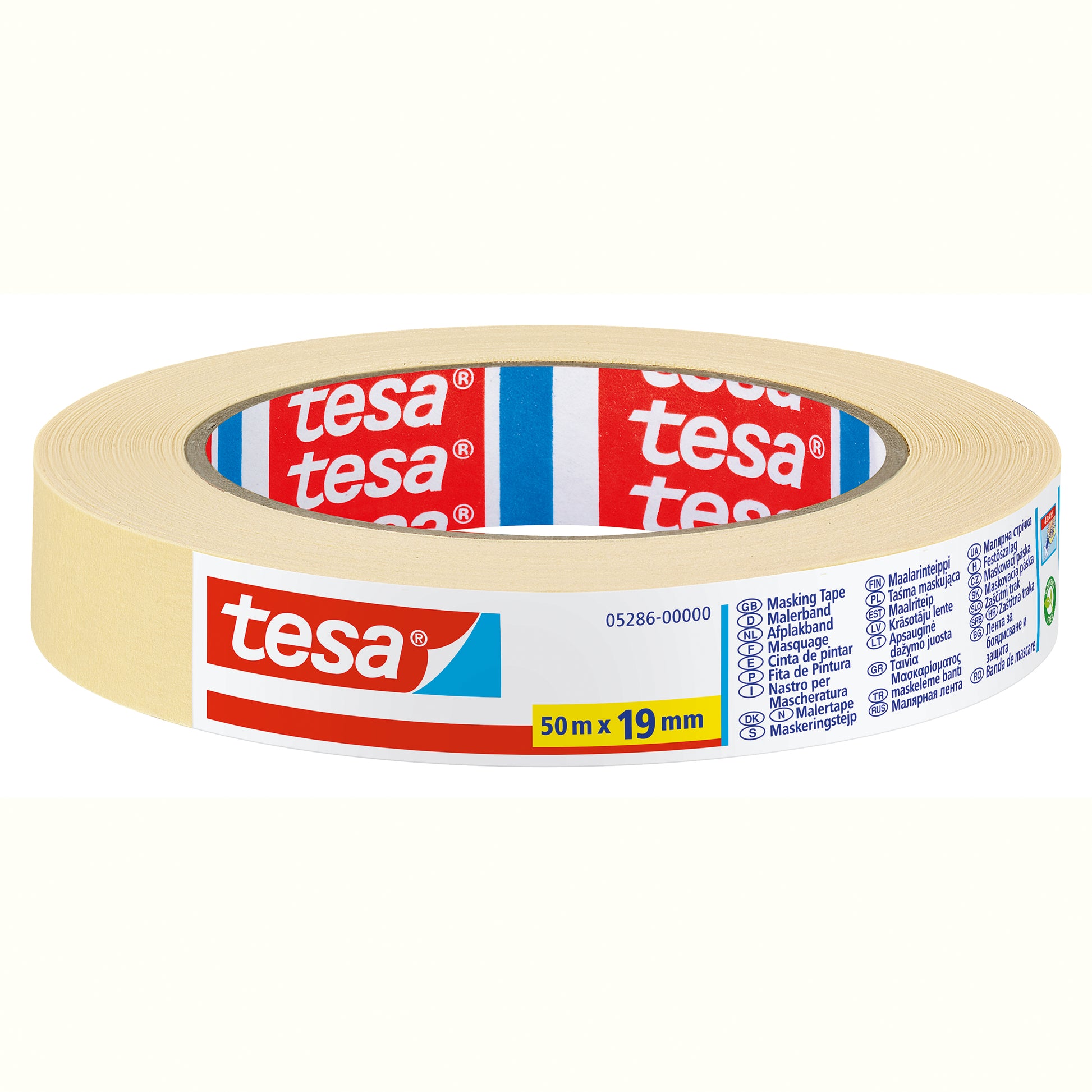 tesa Krepp-Abdeckband – 19 mm × 50 m, beige, für den Innenbereich, rückstandsfrei bis zu 3 Tagen