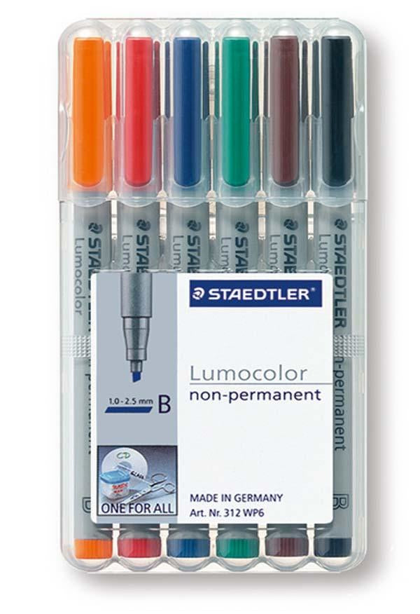 Staedtler Non-Permanent-Marker Lumocolor – breite Keilspitze 1-2,5 mm – sortiert – 6er-Set – nachfüllbar