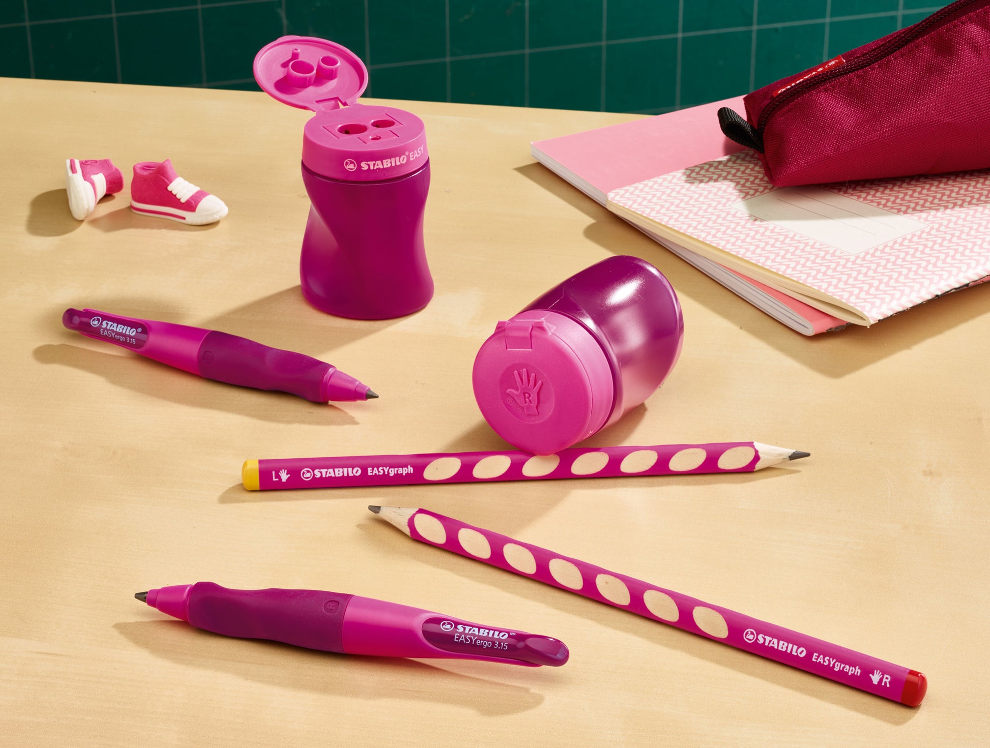 STABILO EASYsharpener Dreifach-Spitzdose – für Linkshänder – Kunststoff – Pink – Kindersicherung