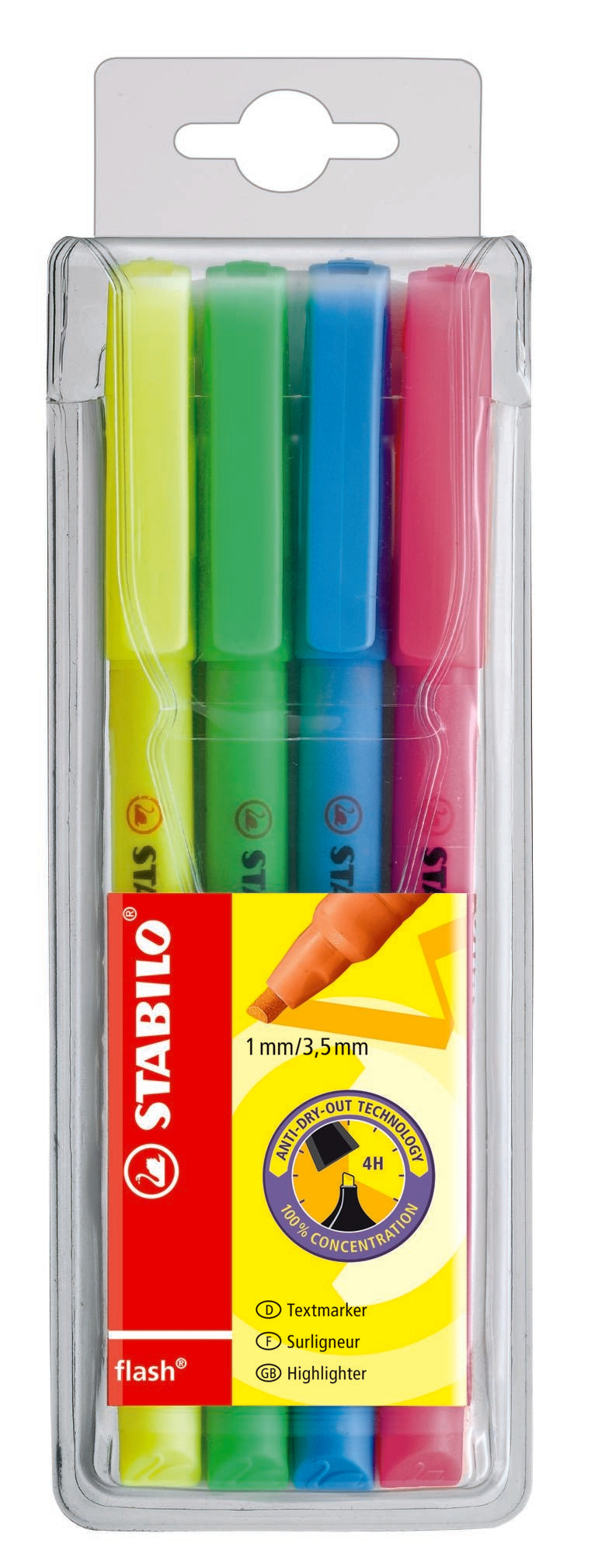 STABILO flash Textmarker Set 4 Farben – Keilspitze, 1–4 mm