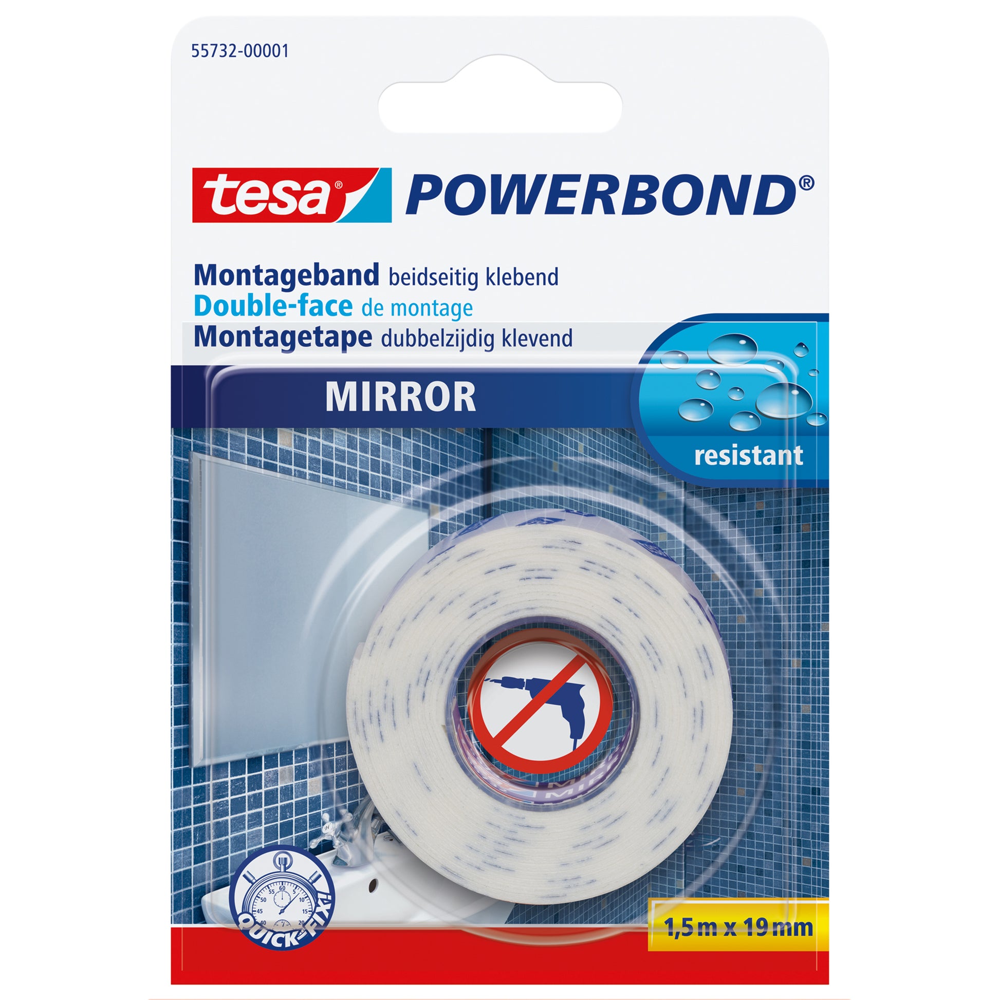 Tesa Montageband Powerbond, extra stark, für Spiegel – 19 mm × 1,5 m, weiss, bis 5 kg/10 cm