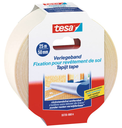 Tesa Teppichklebeband Rückstandsfrei entfernbar, für glatte Oberflächen – 50 mm × 25 m, Weiss