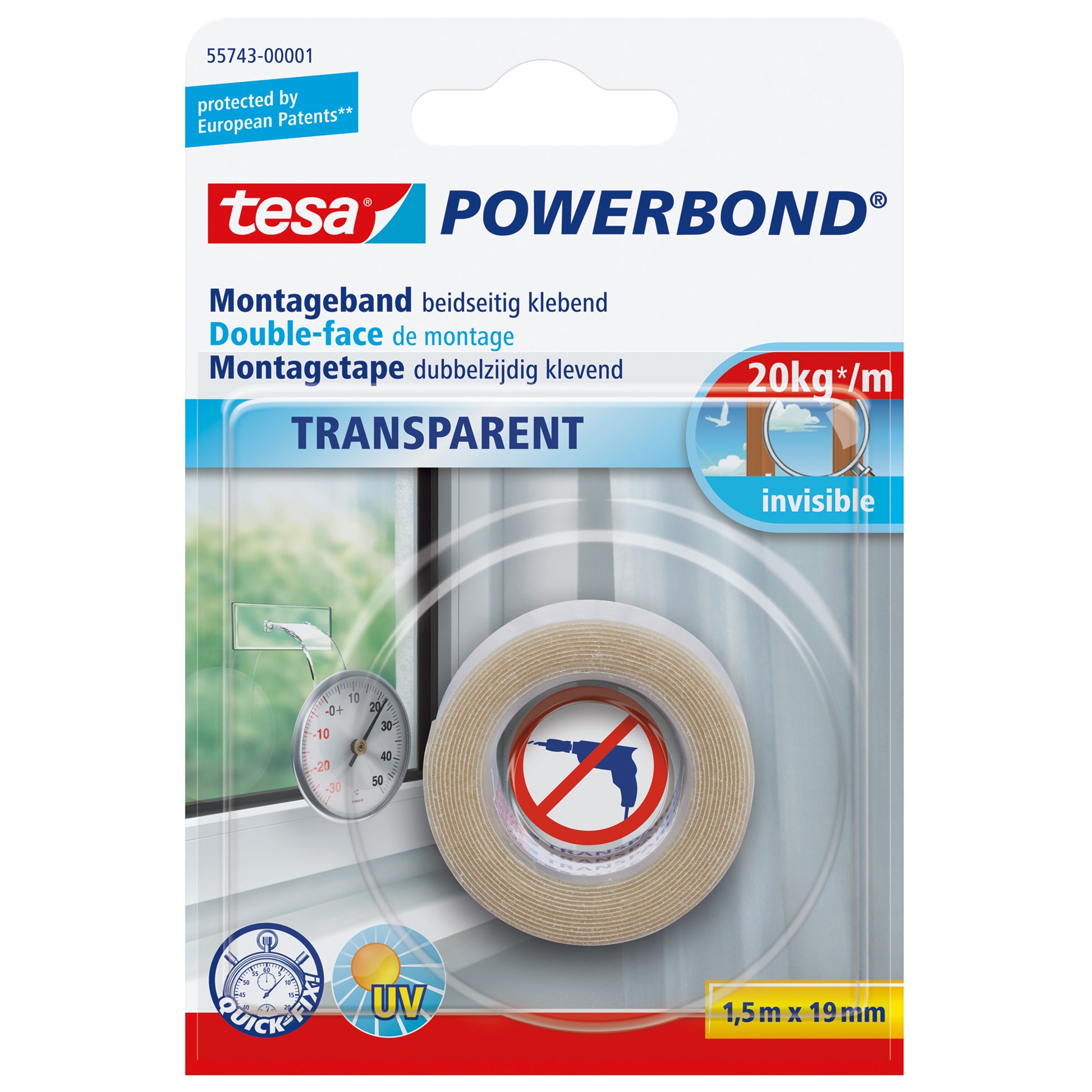 Tesa Powerbond Montageband, stark, für glatte Oberflächen – 19 mm × 1,5 m, transparent, bis 2 kg/10 cm