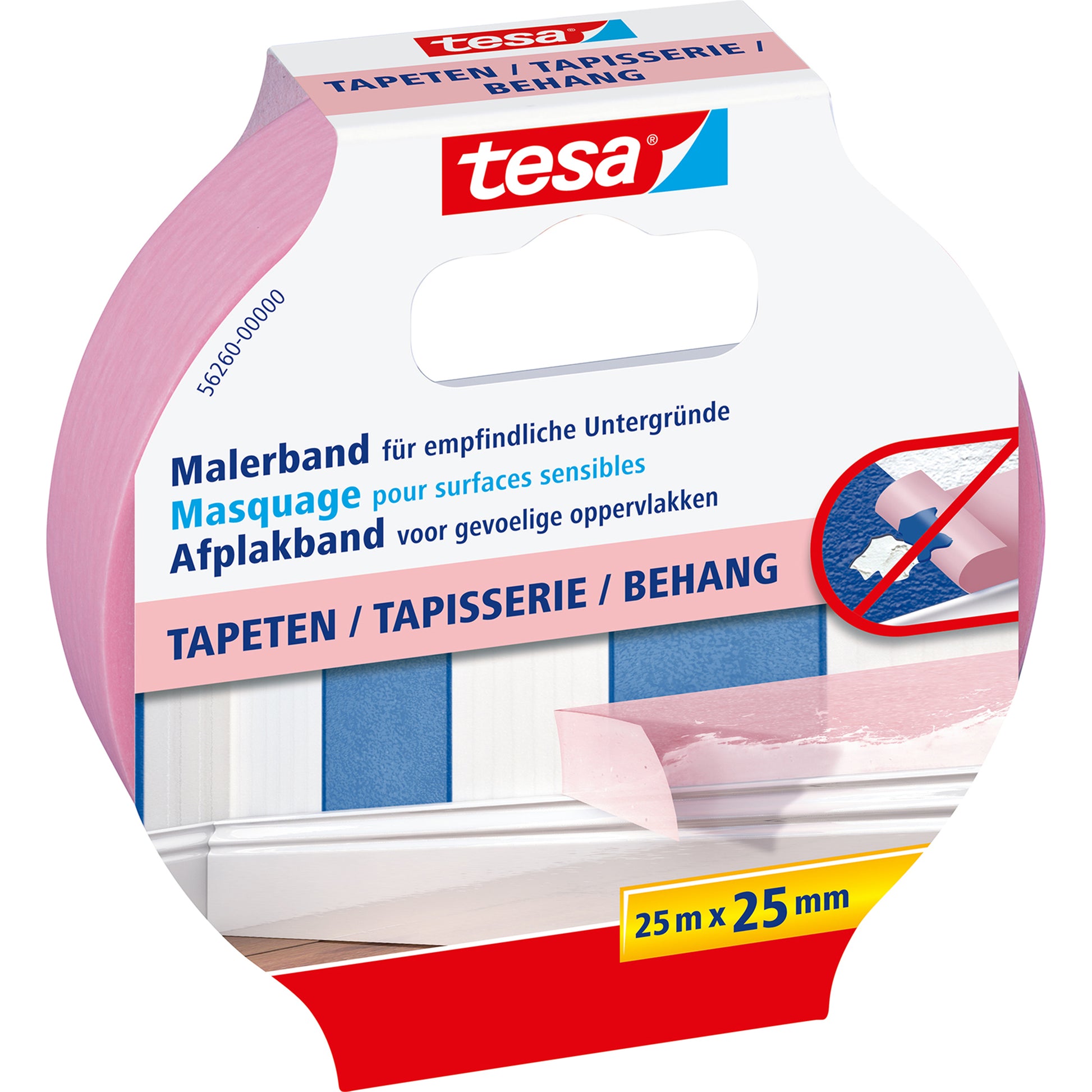 tesa Abdeckband Precision Sensitive – 25 mm × 25 m, rosa, für empfindliche Oberflächen