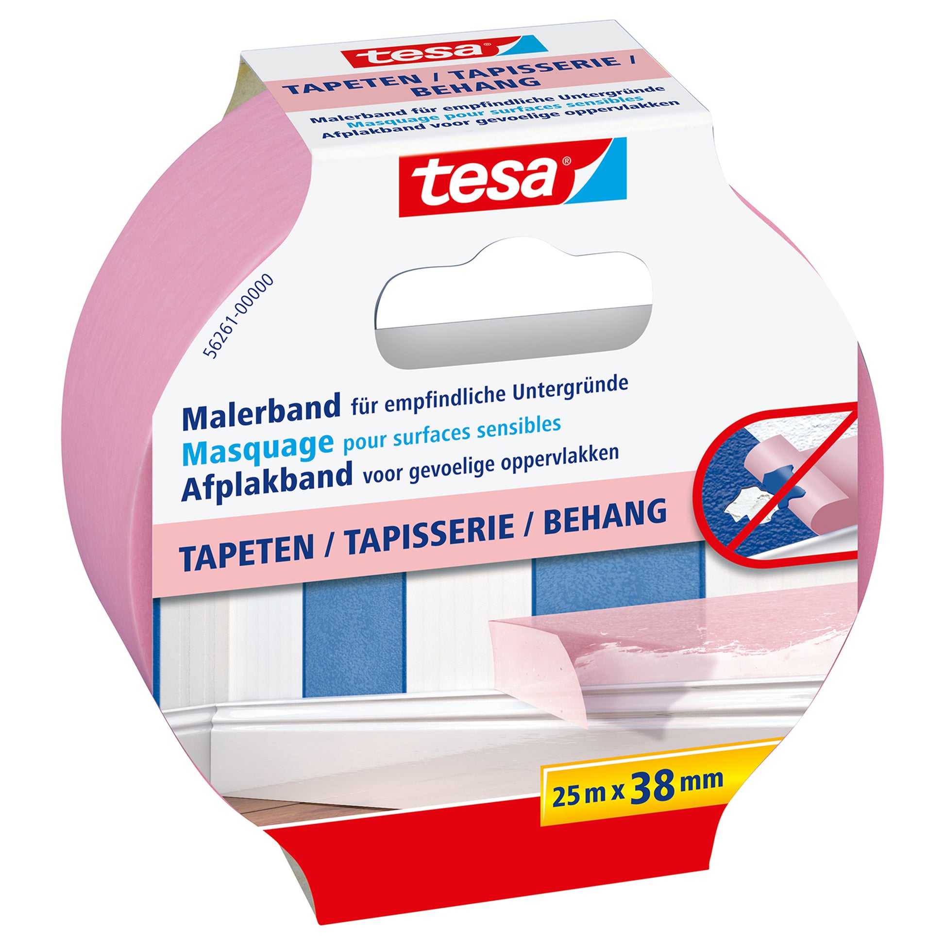 tesa Abdeckband Precision Sensitive – 38 mm × 25 m, rosa, für empfindliche Oberflächen, glatt