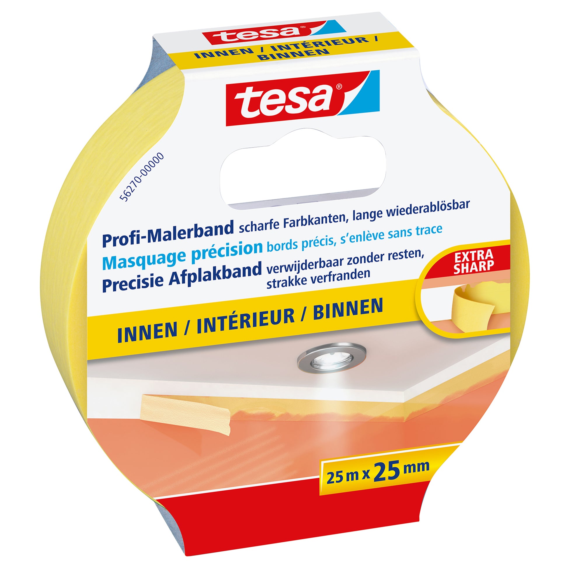 tesa Abdeckband Precision Indoor – 25 mm × 25 m, gelb, für Innenbereich, Papier, glatt