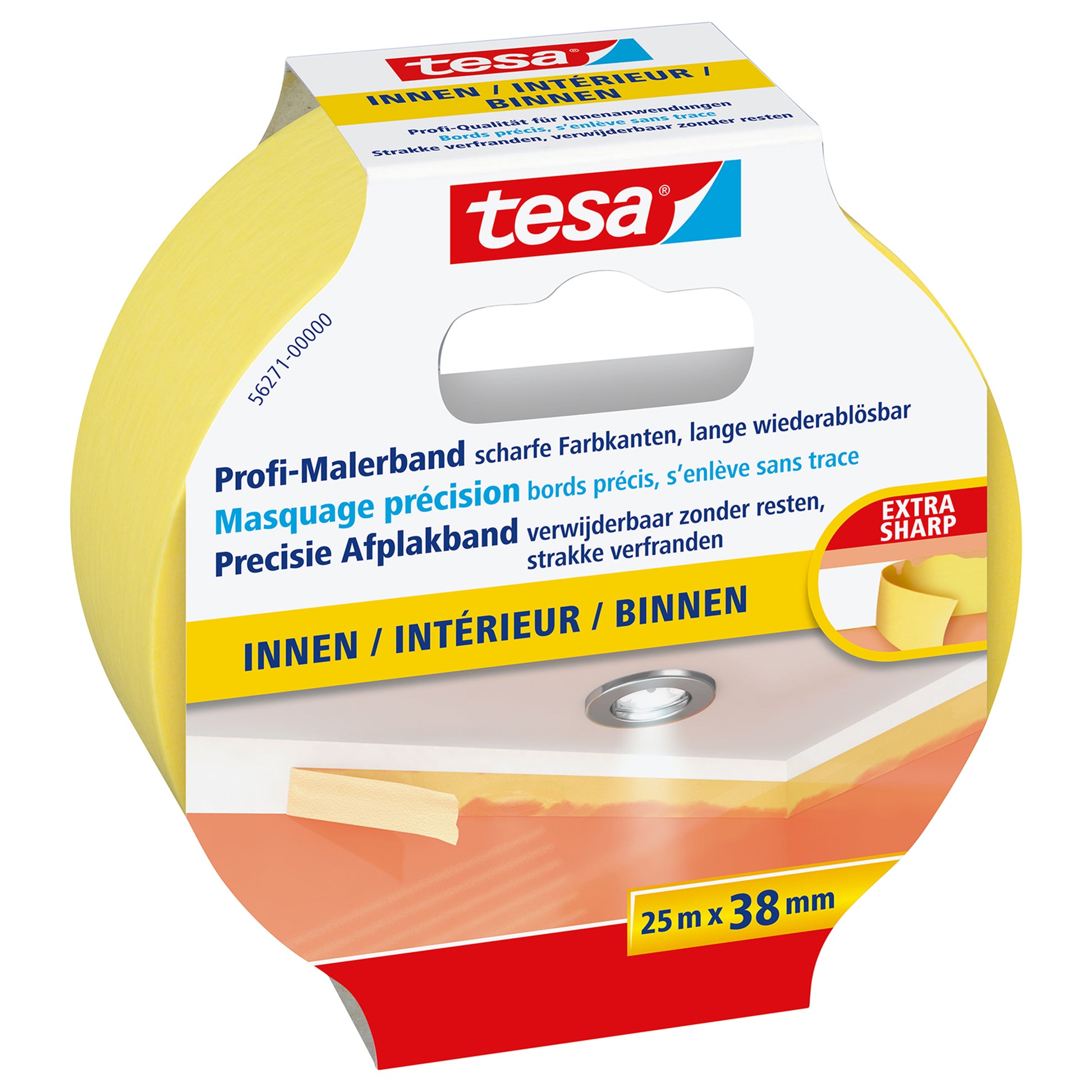 tesa Abdeckband Precision Indoor – 38 mm × 25 m, gelb, Papier, glatt, rückstandsfrei bis 150 Tagen