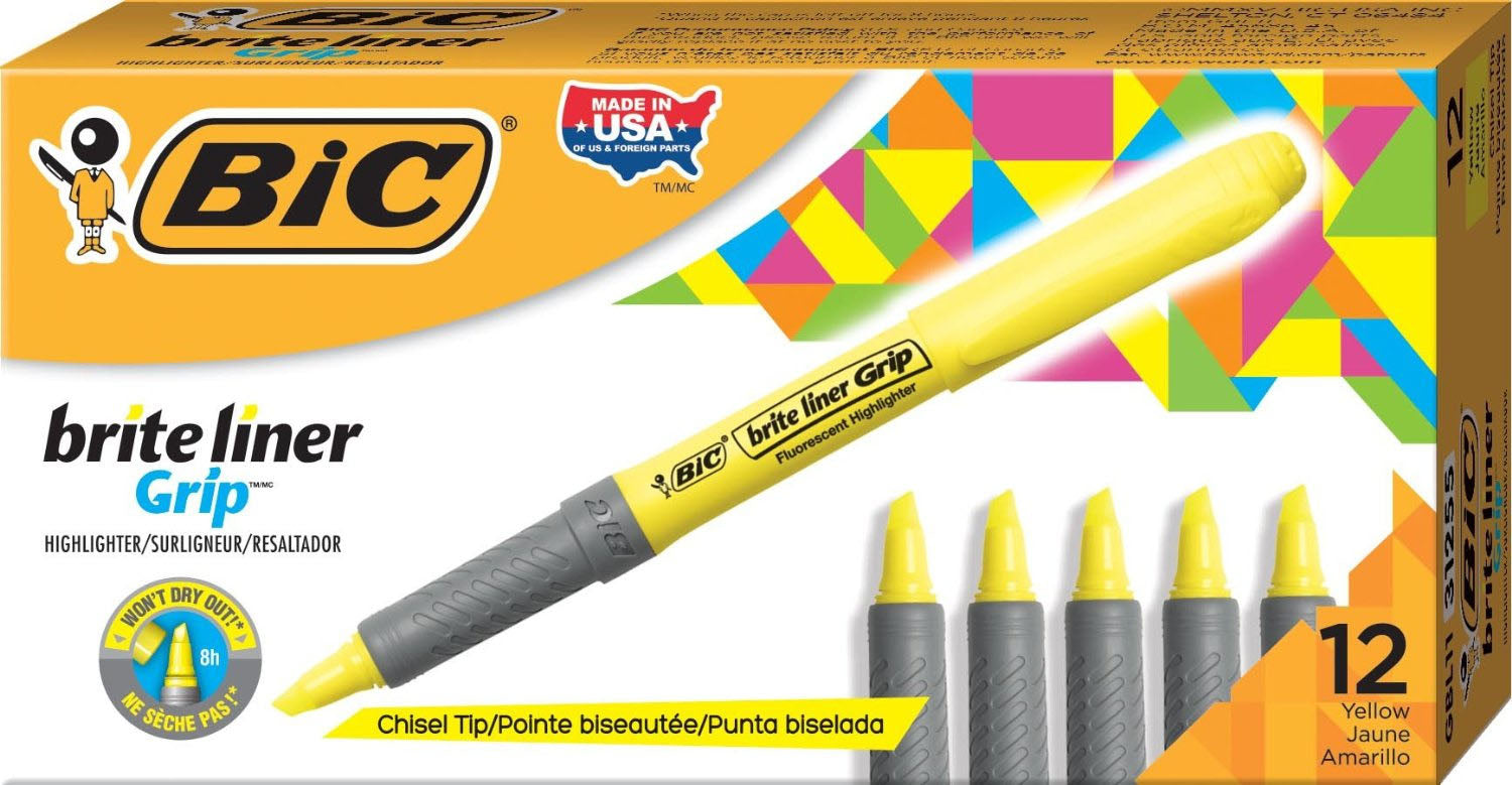 BIC Textmarker – 12er Set, Farben: Gelb, Keilspitze