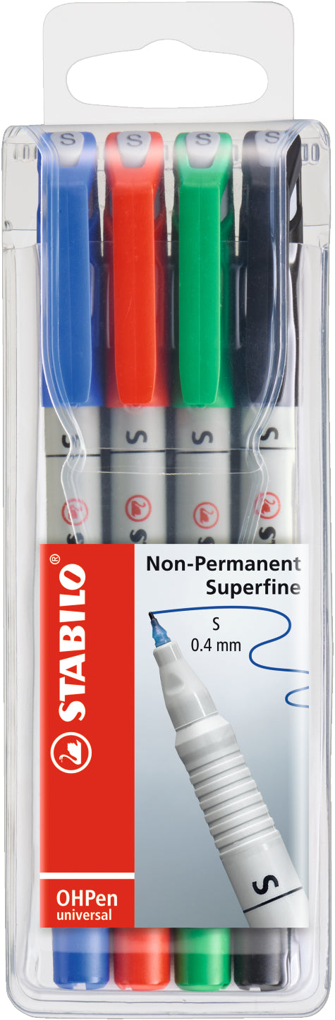 STABILO Non-Permanent Marker OHPen – superfein 0,4 mm – sortiert – 4er-Set – trocken abwischbar