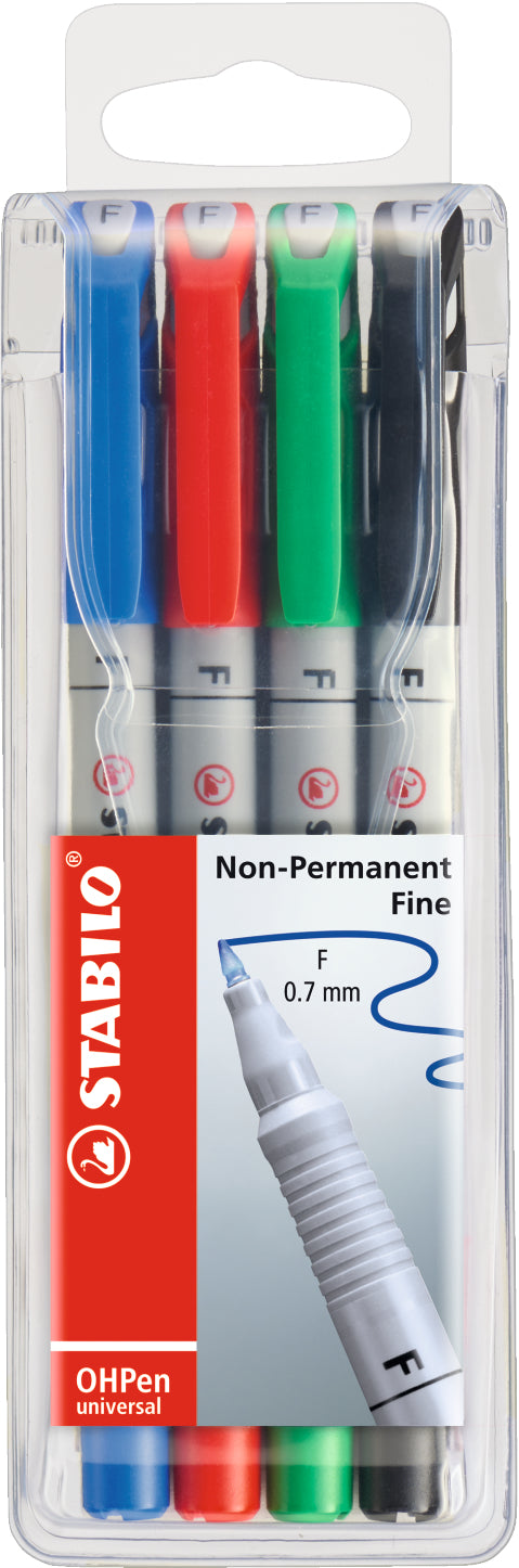 STABILO Non-Permanent-Marker OHPen universal – fein 0,7 mm – sortiert – 4er-Set – trocken abwischbar