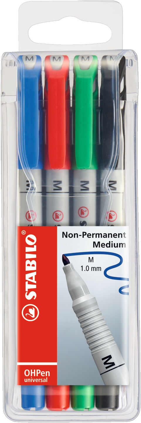 STABILO Non-Permanent-Marker OHPen – mittel 1 mm – sortiert – 4er-Set – feucht abwischbar