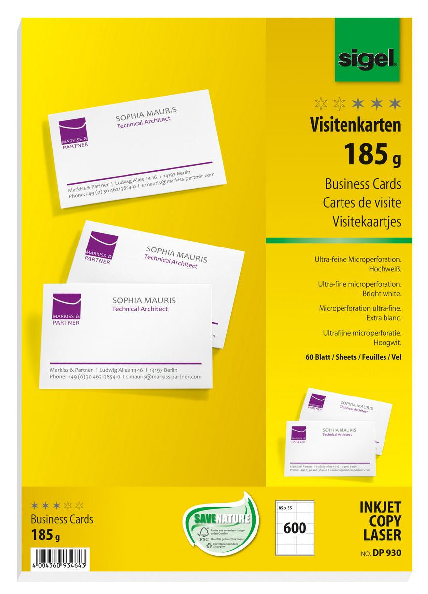 Sigel Visitenkarten, 85 × 55 mm – A4, 10 pro Blatt – 600 Karten – FSC-zertifiziert, beidseitig bedruckbar