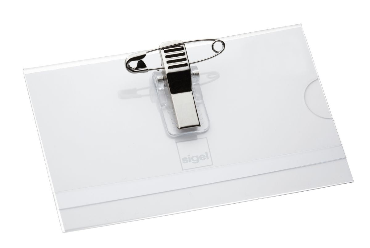 Sigel Namensschild – 90 × 57 mm, Kunststoff, transparent, mit Kombiklemme – 50 Stück