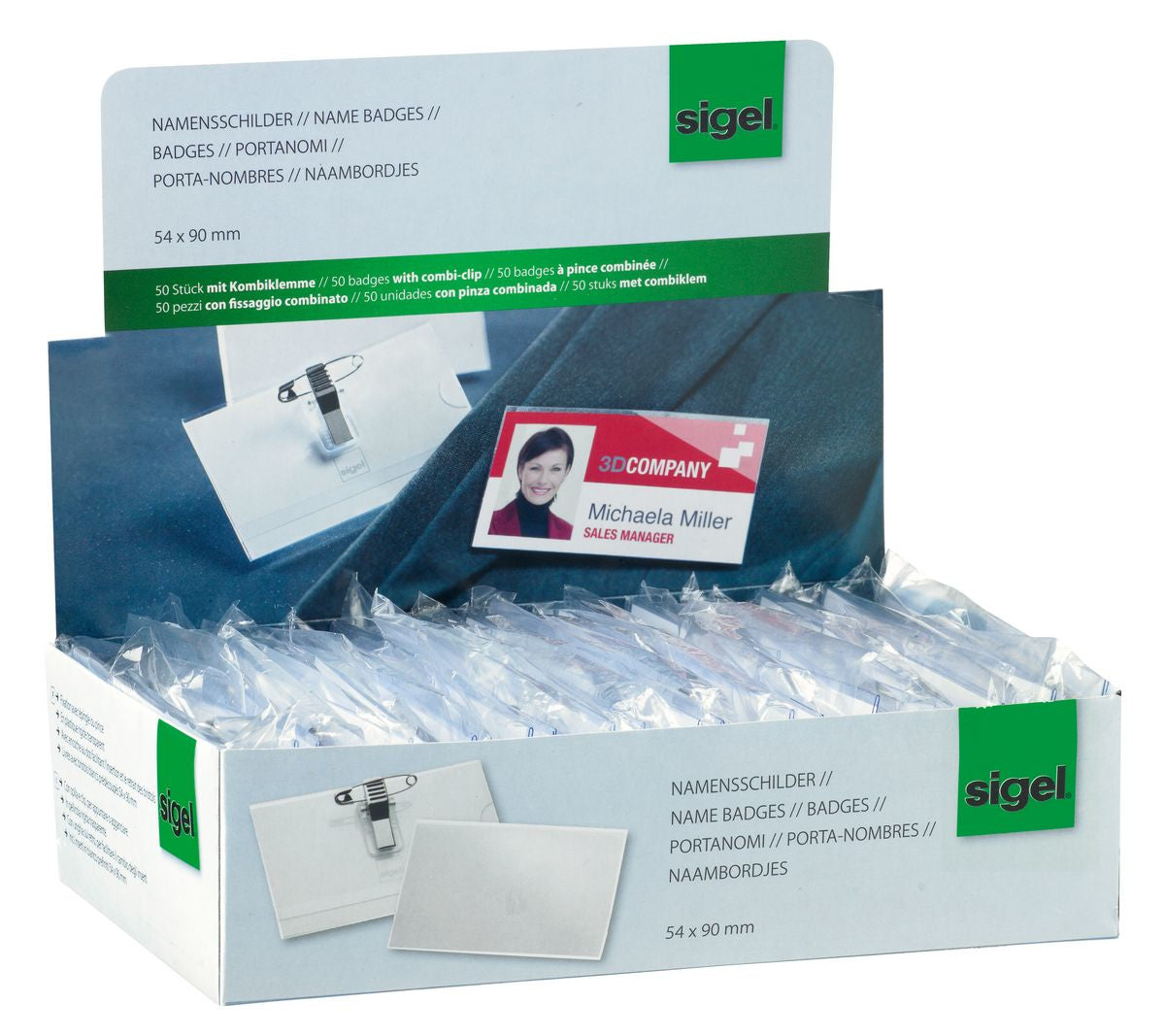 Sigel Namensschild – 90 × 57 mm, Kunststoff, transparent, mit Kombiklemme – 50 Stück