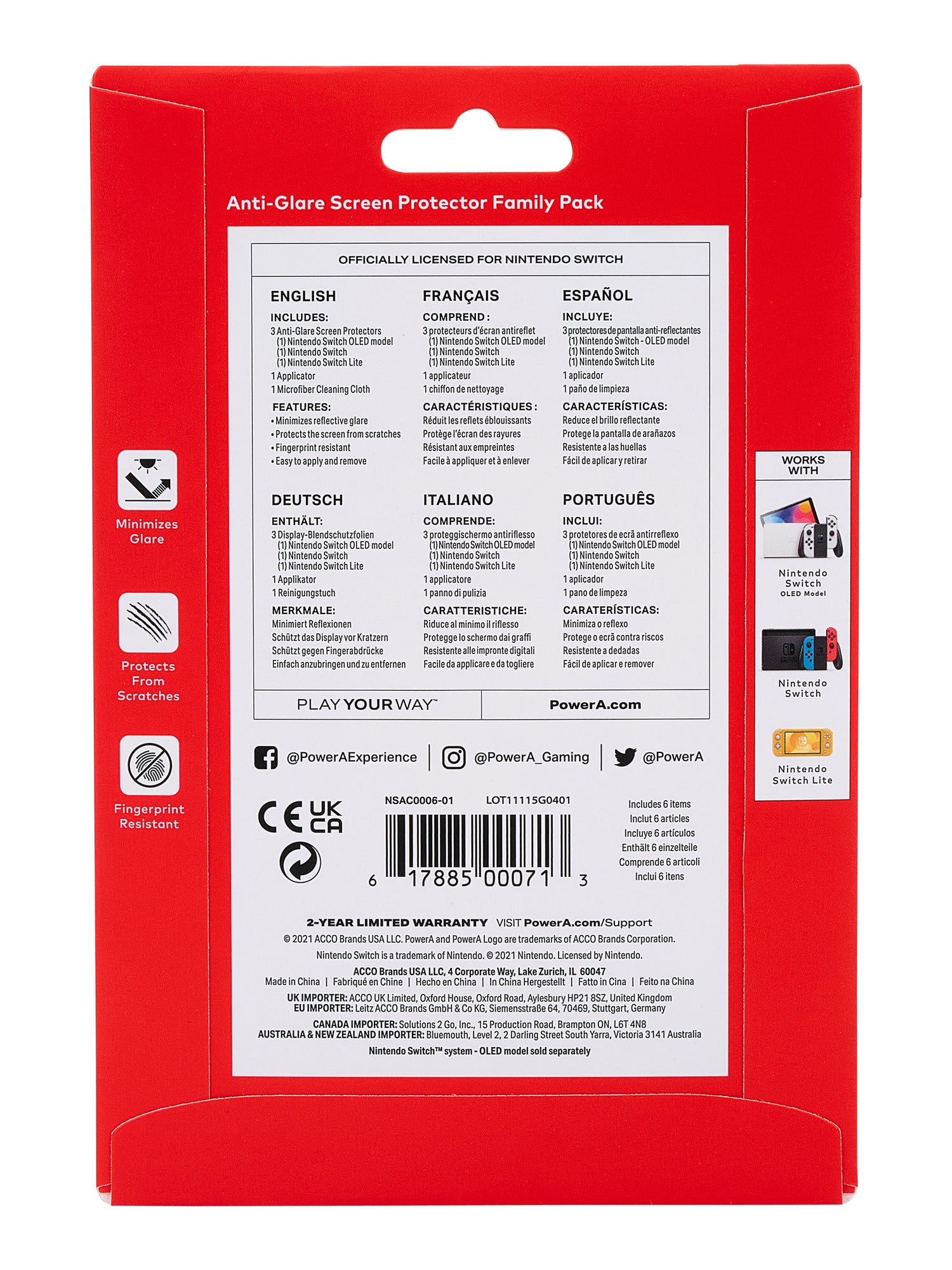 PowerA Displayschutz, Antireflex – für Nintendo Switch OLED/Switch/Switch Lite – 3er-Pack – mit Applikator