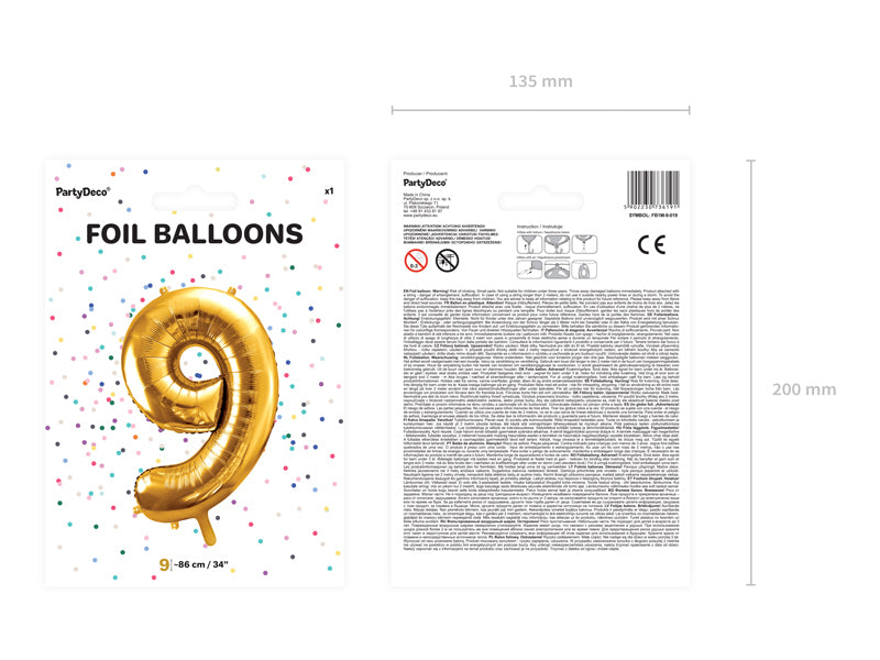PartyDeco Folienballon Zahl 9 – 86 cm – Gold – 1 Stück