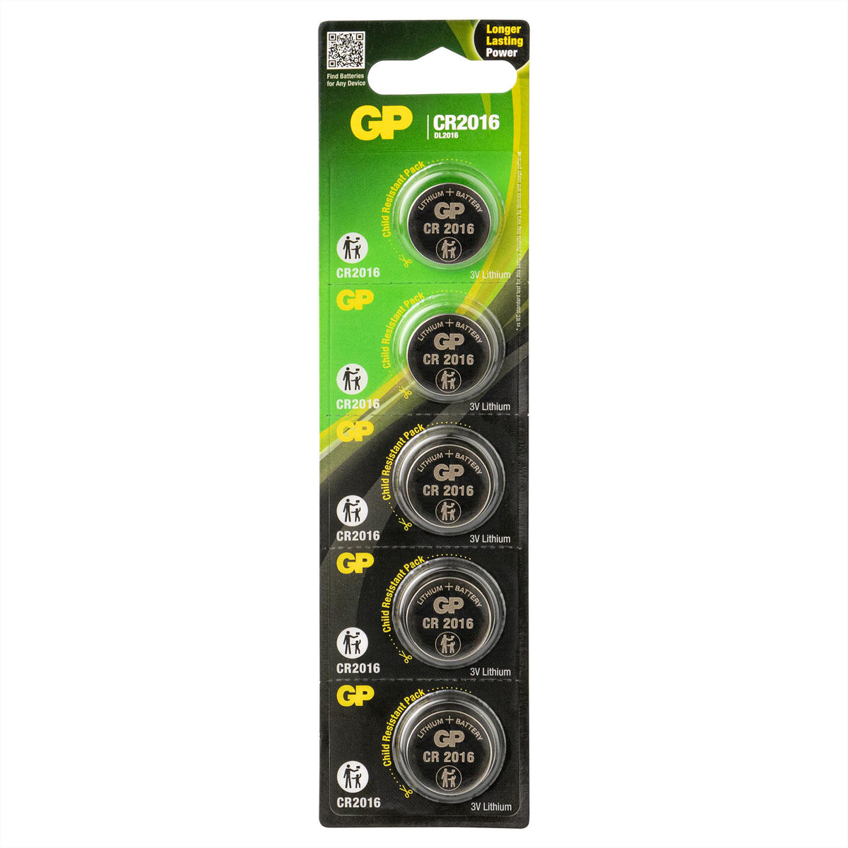 GP Batteries Knopfzellen CR2016, Lithium, 3 V – 5 Stk.