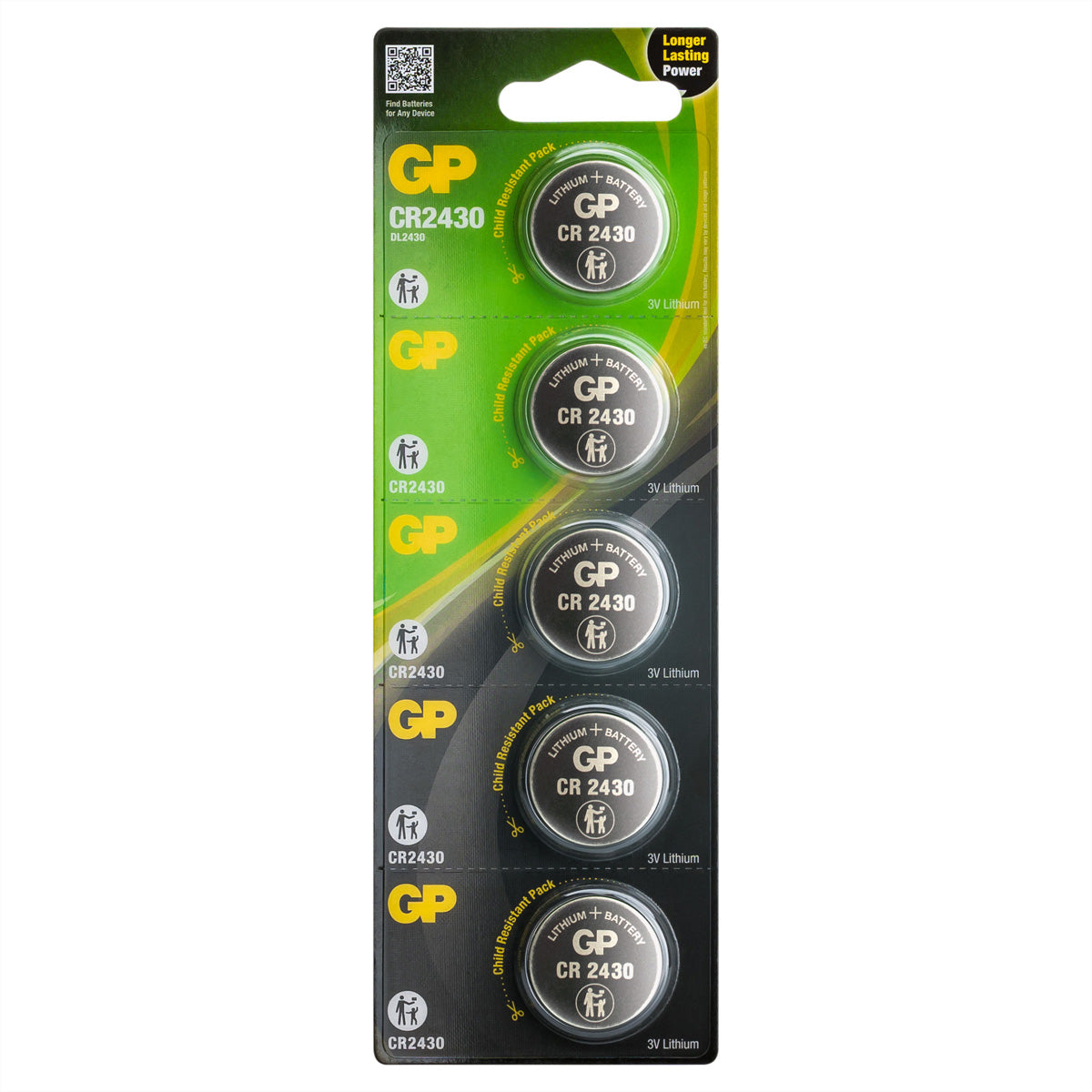 GP Batteries Knopfzellen CR2430, Lithium, 3 V – 5 Stk.