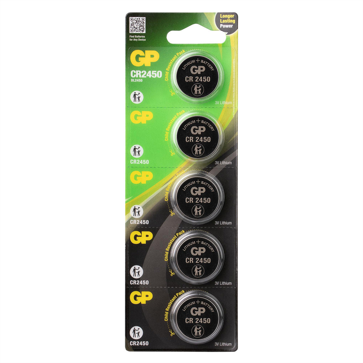 GP Batteries Knopfzellen CR2450, Lithium, 3 V – 5 Stk.