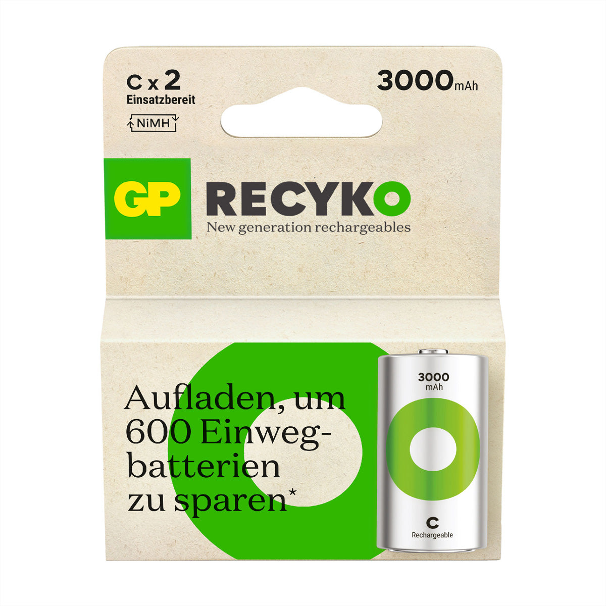 GP Batteries C Akkus, NiMH, 3000 mAh, 1,2 V – 2 Stk.