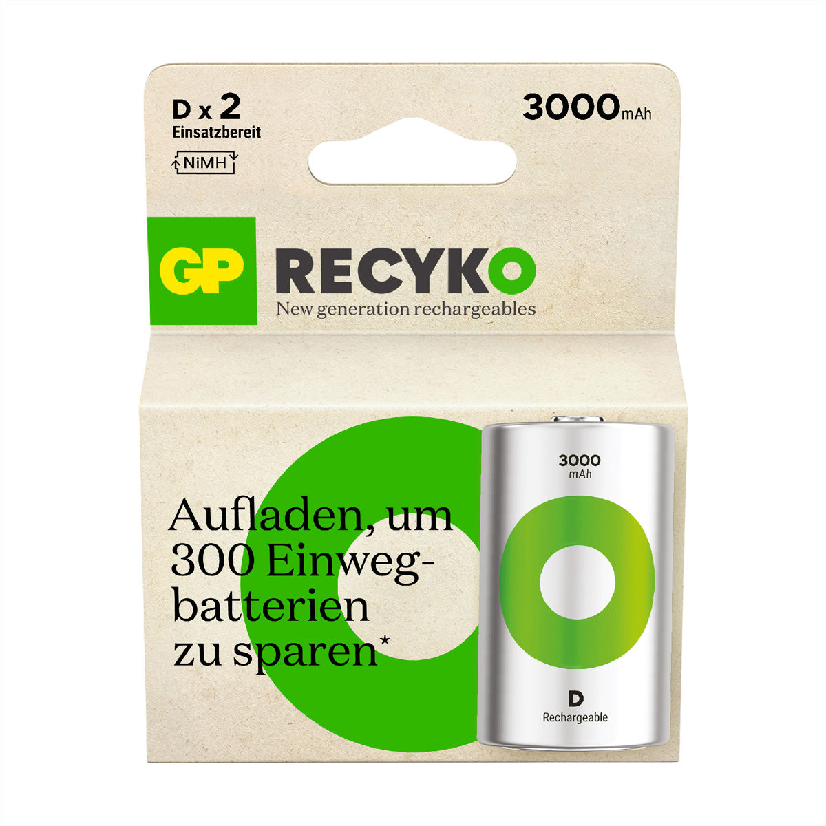 GP Batteries D Akkus, NiMH, 3000 mAh, 1,2 V – 2 Stk.