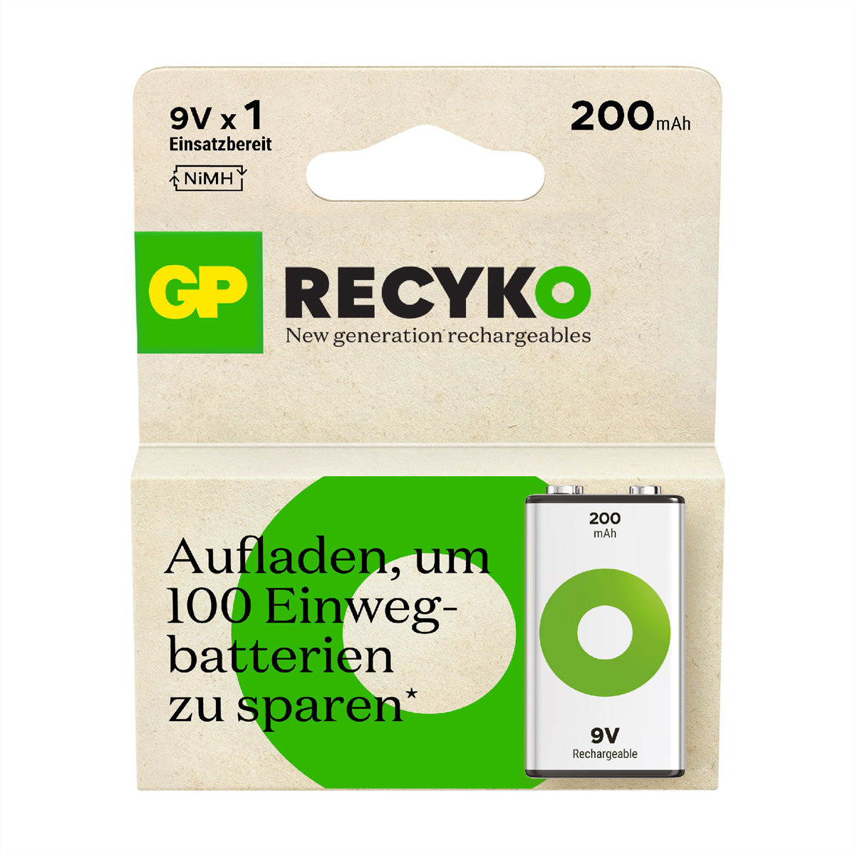 GP Batteries Recyko+ 9V Akku, NiMH, 200 mAh, 8,4 V – 1 Stk.