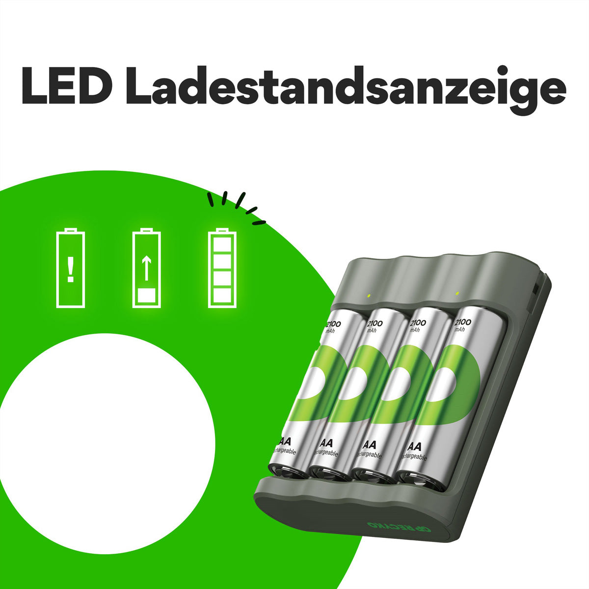 GP Batteries B421 Batterieladegerät 4× – für NiMH AA – inkl. 4× AA 2100 mAh, USB, grau