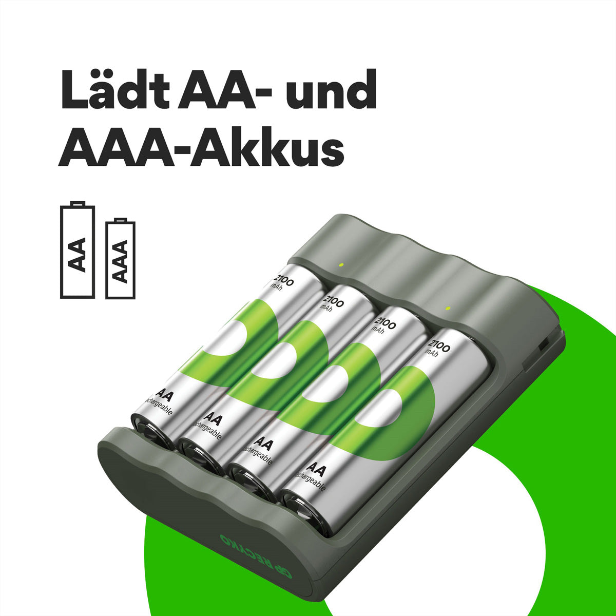 GP Batteries B421 Batterieladegerät 4× – für NiMH AA – inkl. 4× AA 2100 mAh, USB, grau