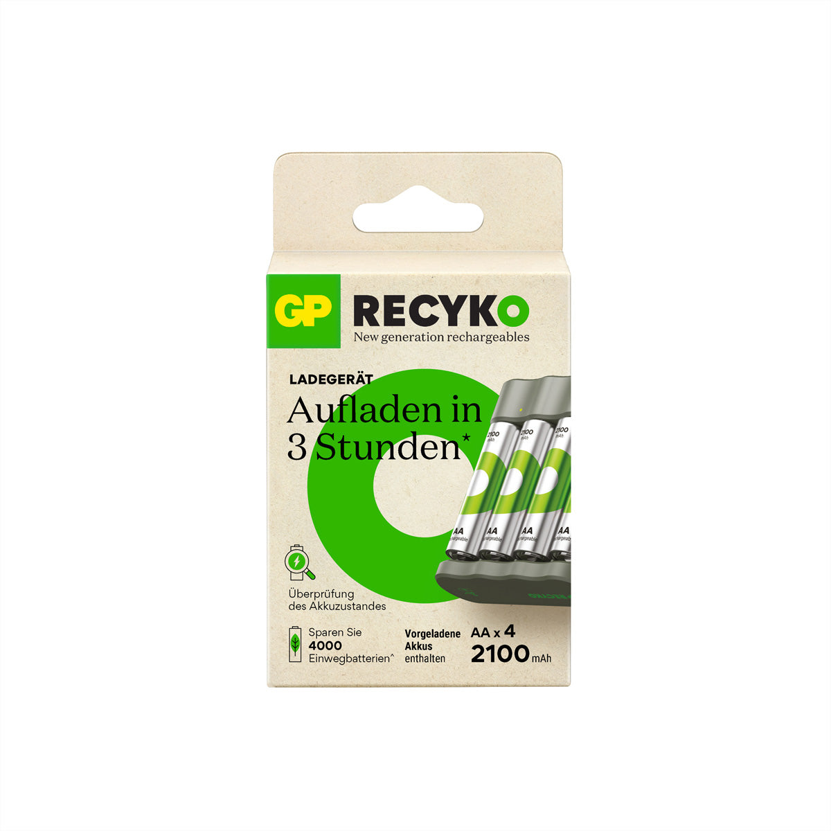 GP Batteries B421 Batterieladegerät 4× – für NiMH AA – inkl. 4× AA 2100 mAh, USB, grau