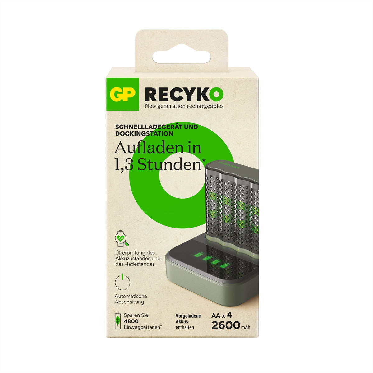 GP Batteries M451 Batterieladegerät 4× – für NiMH AA/AAA – inkl. 4× AA 2600 mAh, USB-Betrieb, Timer-Schutz