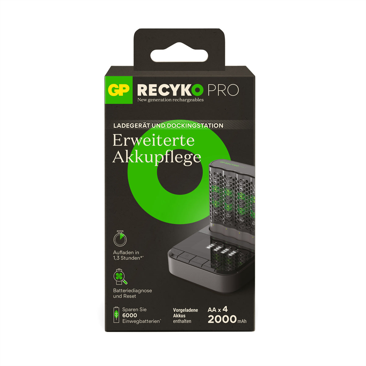 GP Batteries P461 Batterieladegerät 4× – für AA, AAA – inkl. 4× AA 2000 mAh – USB – grün