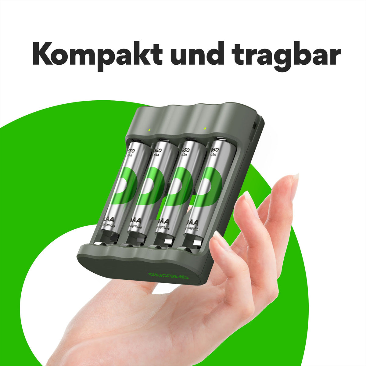 GP Batteries B421 Batterieladegerät 4× – für AA, AAA – inkl. 4× AAA 850 mAh, USB, NiMH, -dV Vollladungserkennung