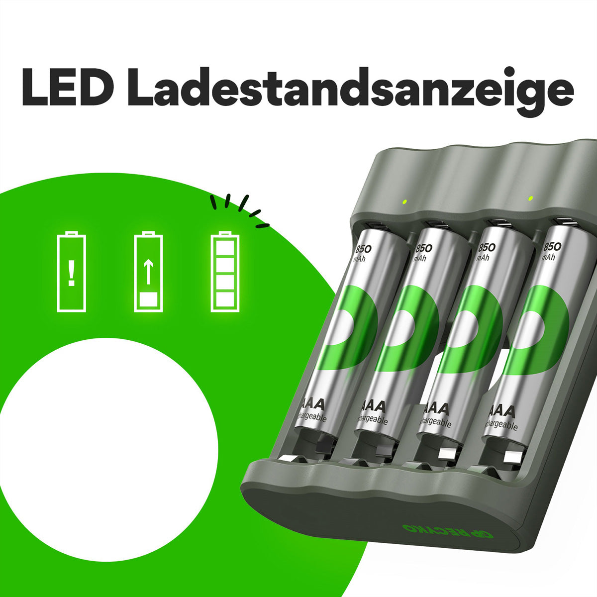 GP Batteries B421 Batterieladegerät 4× – für AA, AAA – inkl. 4× AAA 850 mAh, USB, NiMH, -dV Vollladungserkennung