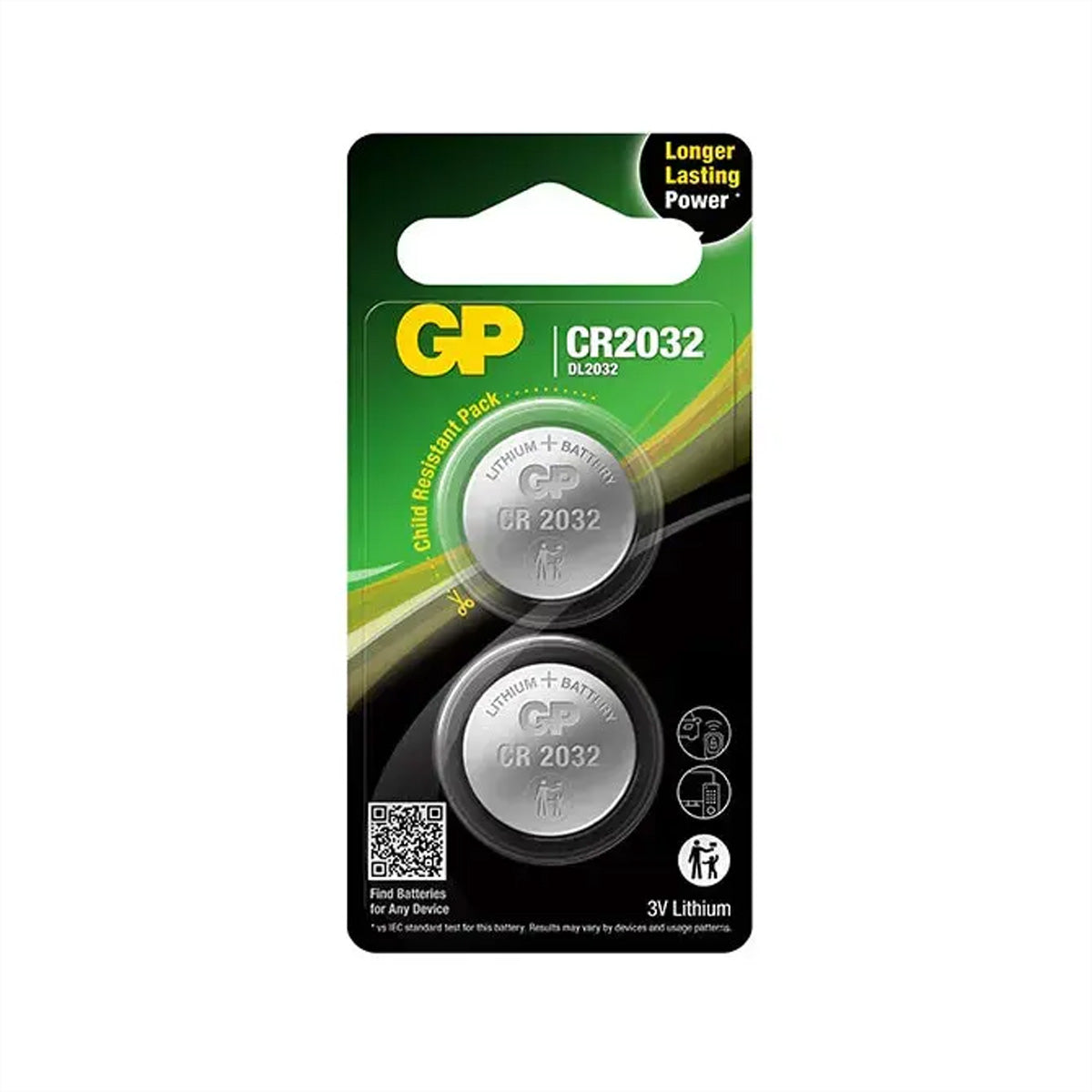 GP Batteries Knopfzellen CR2032, Lithium, 3 V – 2 Stk.