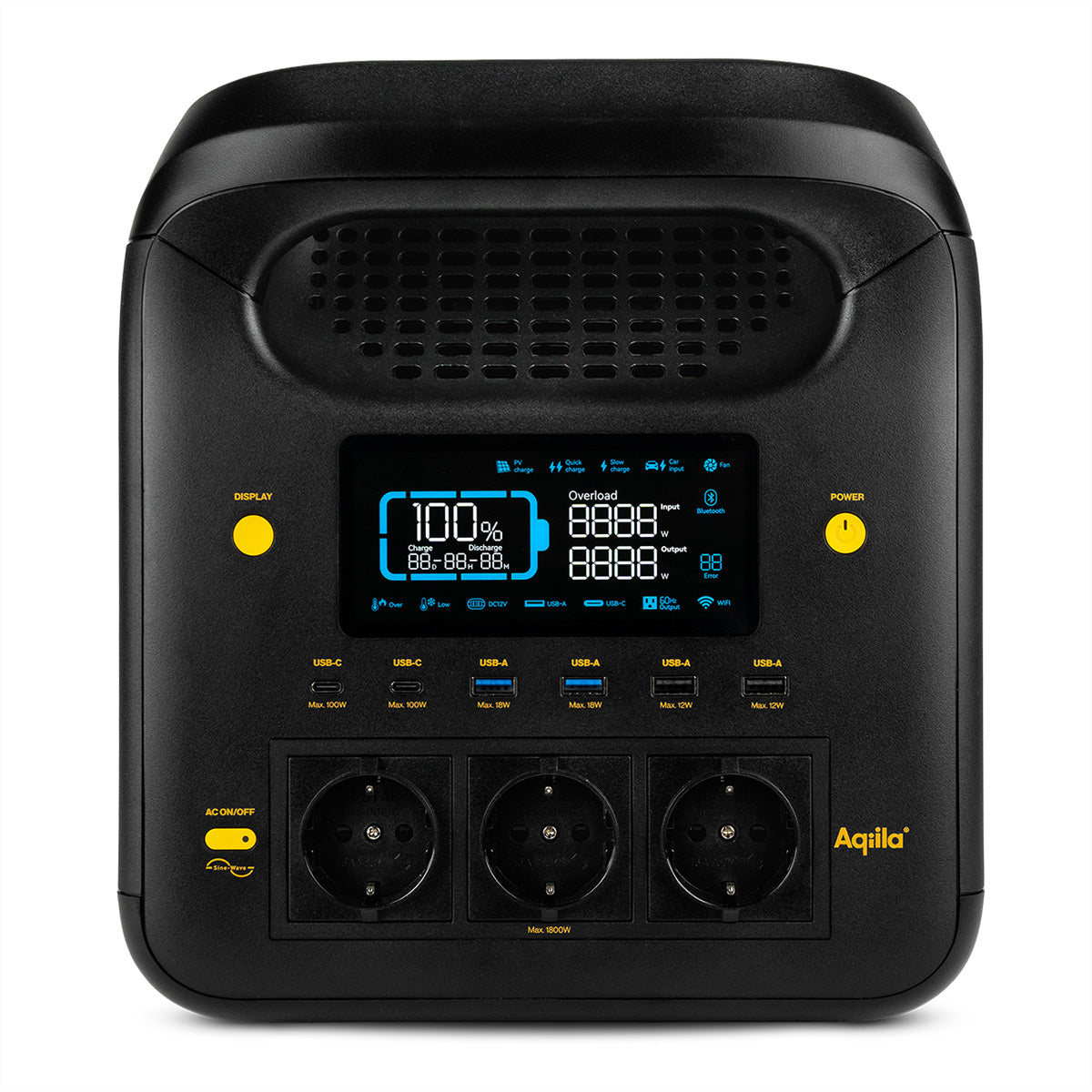 Aqiila Powerbird S1800 – Powerstation, 1'229 Wh, 3'000 W AC, LiFePO4, 3× Schuko (Typ F), Räder, LCD