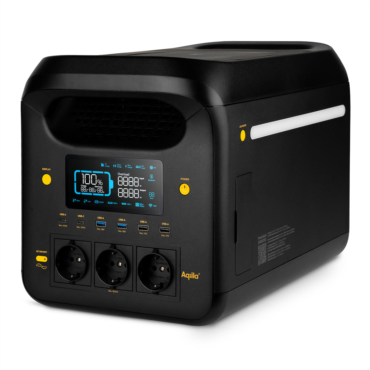 Aqiila Powerbird S1800 – Powerstation, 1'229 Wh, 3'000 W AC, LiFePO4, 3× Schuko (Typ F), Räder, LCD