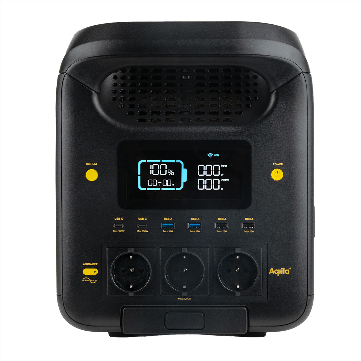 Aqiila Powerbird S3000V2 – Powerstation, 2560 Wh, 5000 W AC, LiFePO4, 3× Schuko (Typ F), Räder, LCD