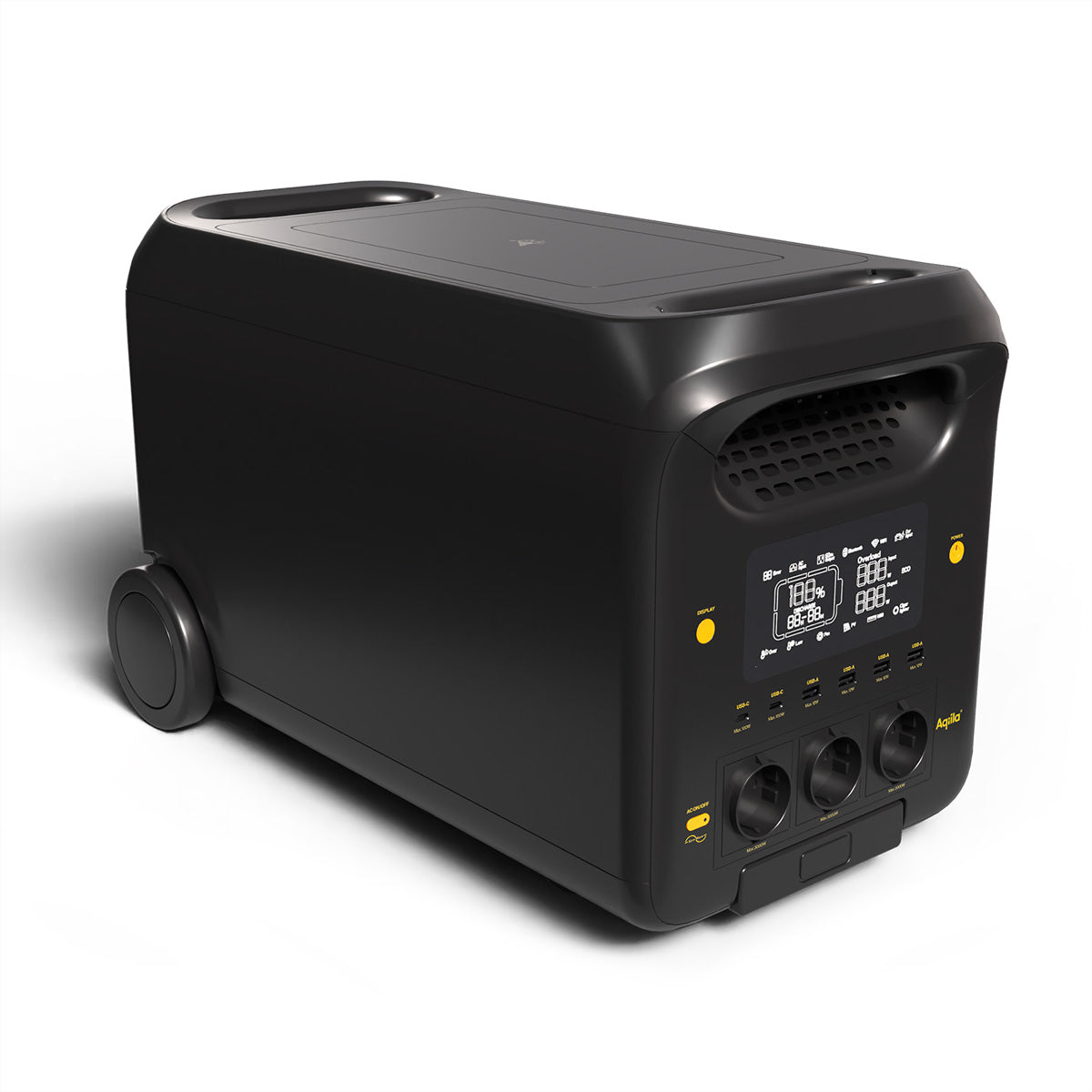 Aqiila Powerbird S3000V2 – Powerstation, 2560 Wh, 5000 W AC, LiFePO4, 3× Schuko (Typ F), Räder, LCD