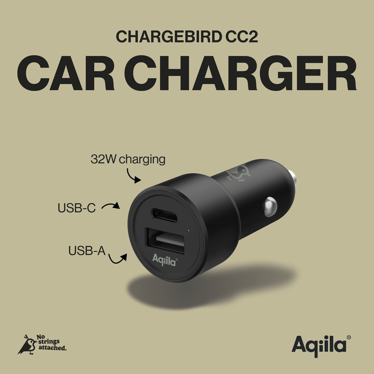 Aqiila CC2 Auto-Ladegerät 32 W – USB-C×1, USB-A×1 – PD, QC 3.0 – für 12–24 V Fahrzeuge – Schwarz
