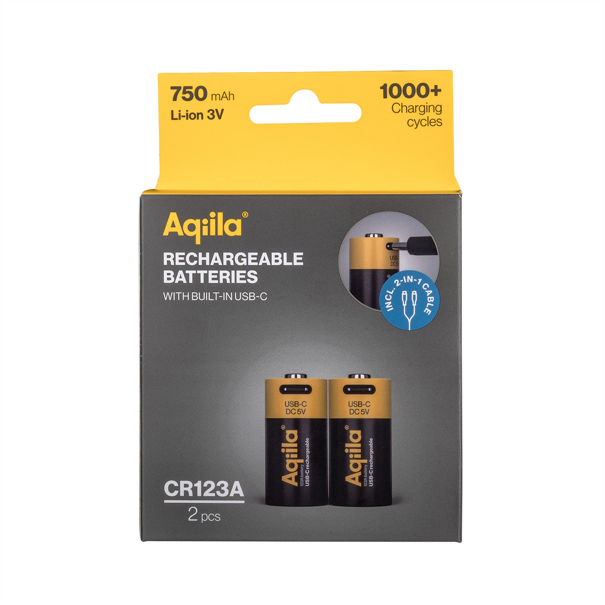 Aqiila CR123A Akkus, Li-Ion, 750 mAh, 3 V – 2 Stk.