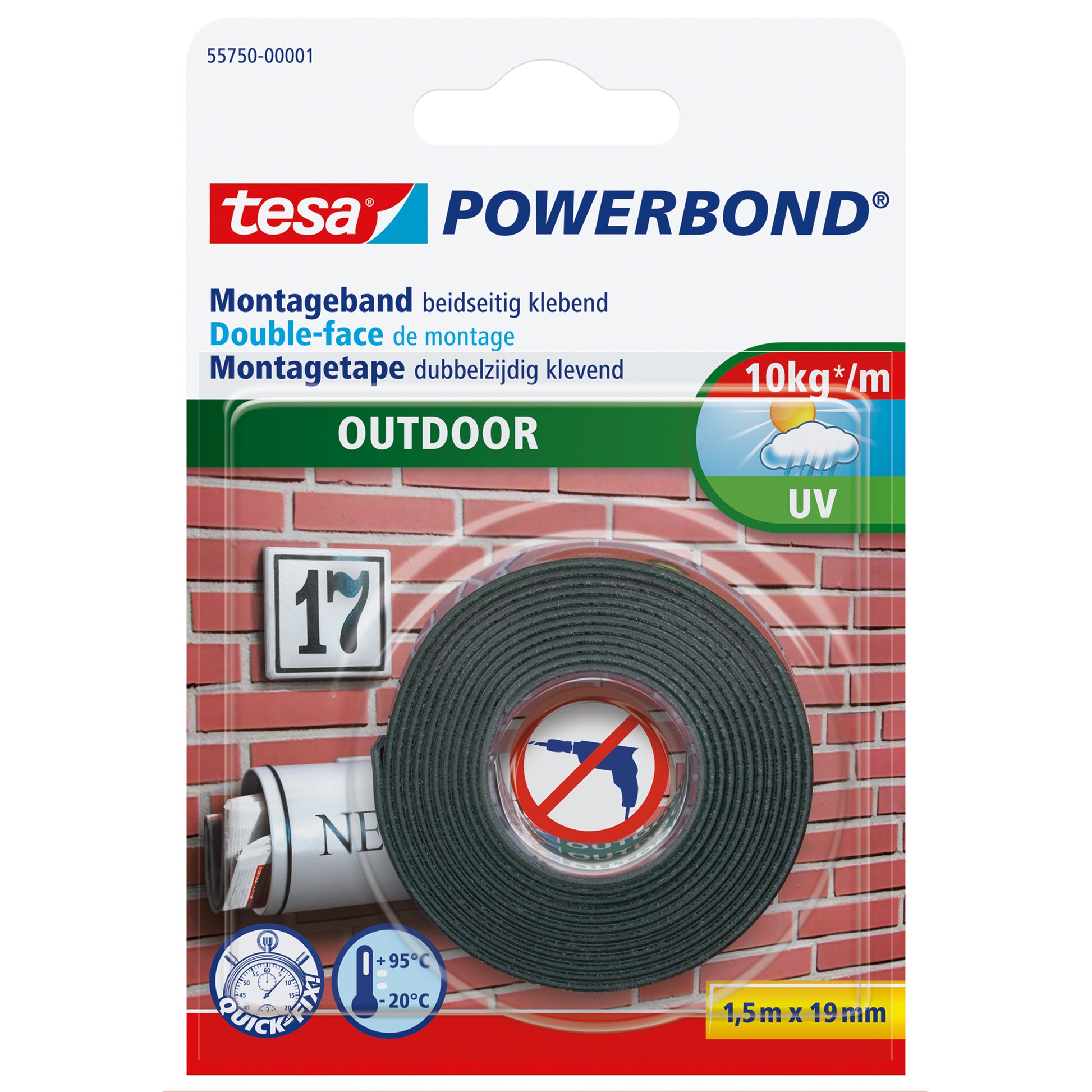 Tesa Powerbond Montageband, stark, für den Aussenbereich, für glatte Oberflächen – 19 mm × 1,5 m, weiss, bis 1 kg/10 cm